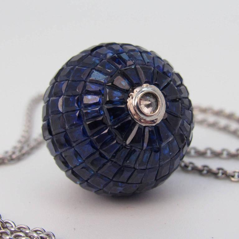 Invisibly Set Sapphire Diamond Globe Form Pendant Necklace For Sale 1