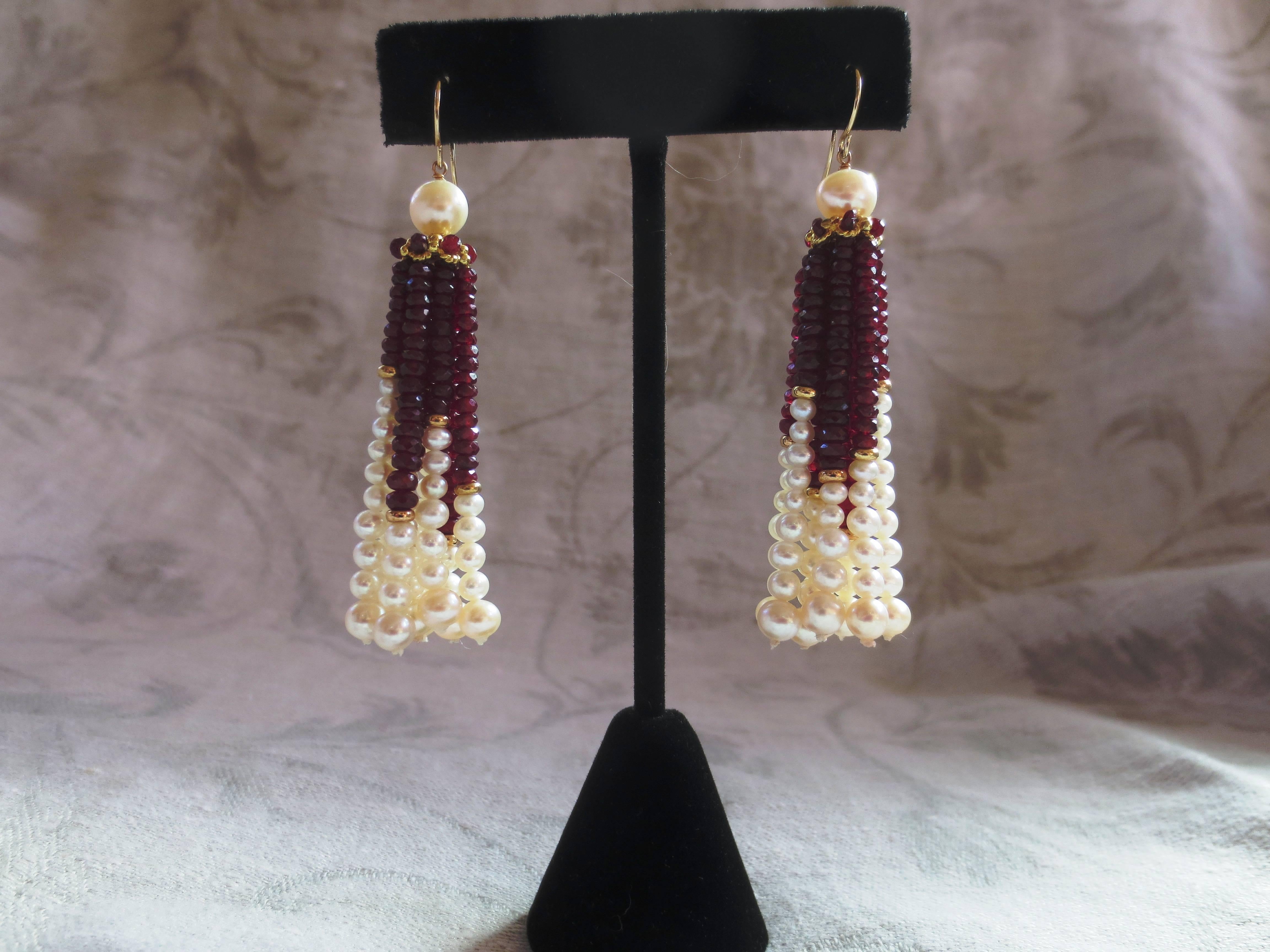 Marina J. Elegant Pearl Ruby Gold Tassel Earrings In New Condition In Los Angeles, CA