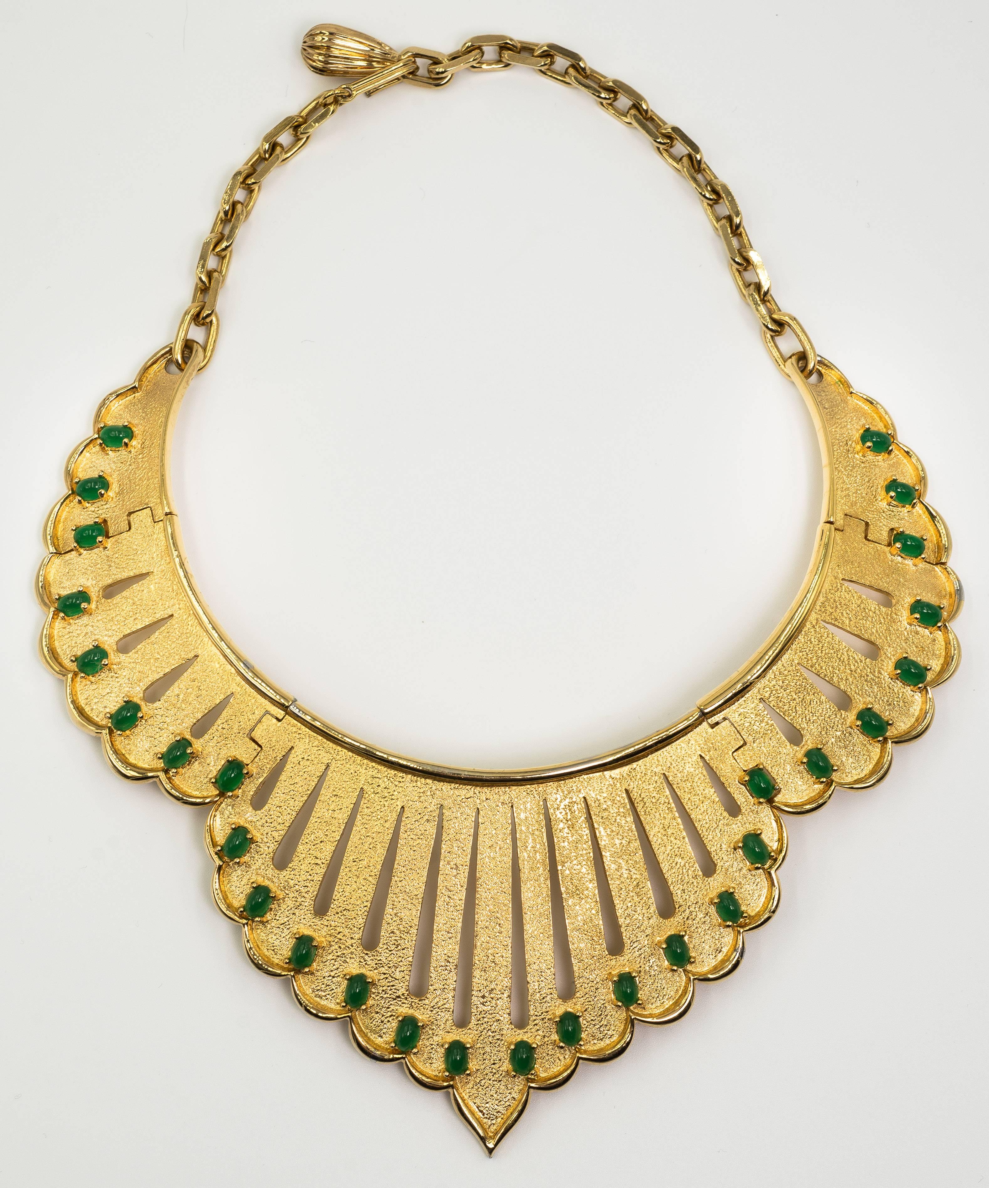 Egyptian Revival Fabulous Vintage 1970s Joseph Mazer Large Draped Jade Gilt Collar Earrings Set