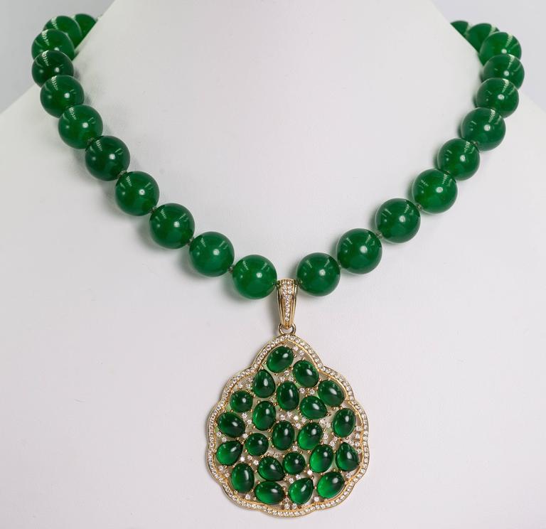 Faux Imperial Jade Diamond Sterling Pendant Necklace For Sale at 1stDibs