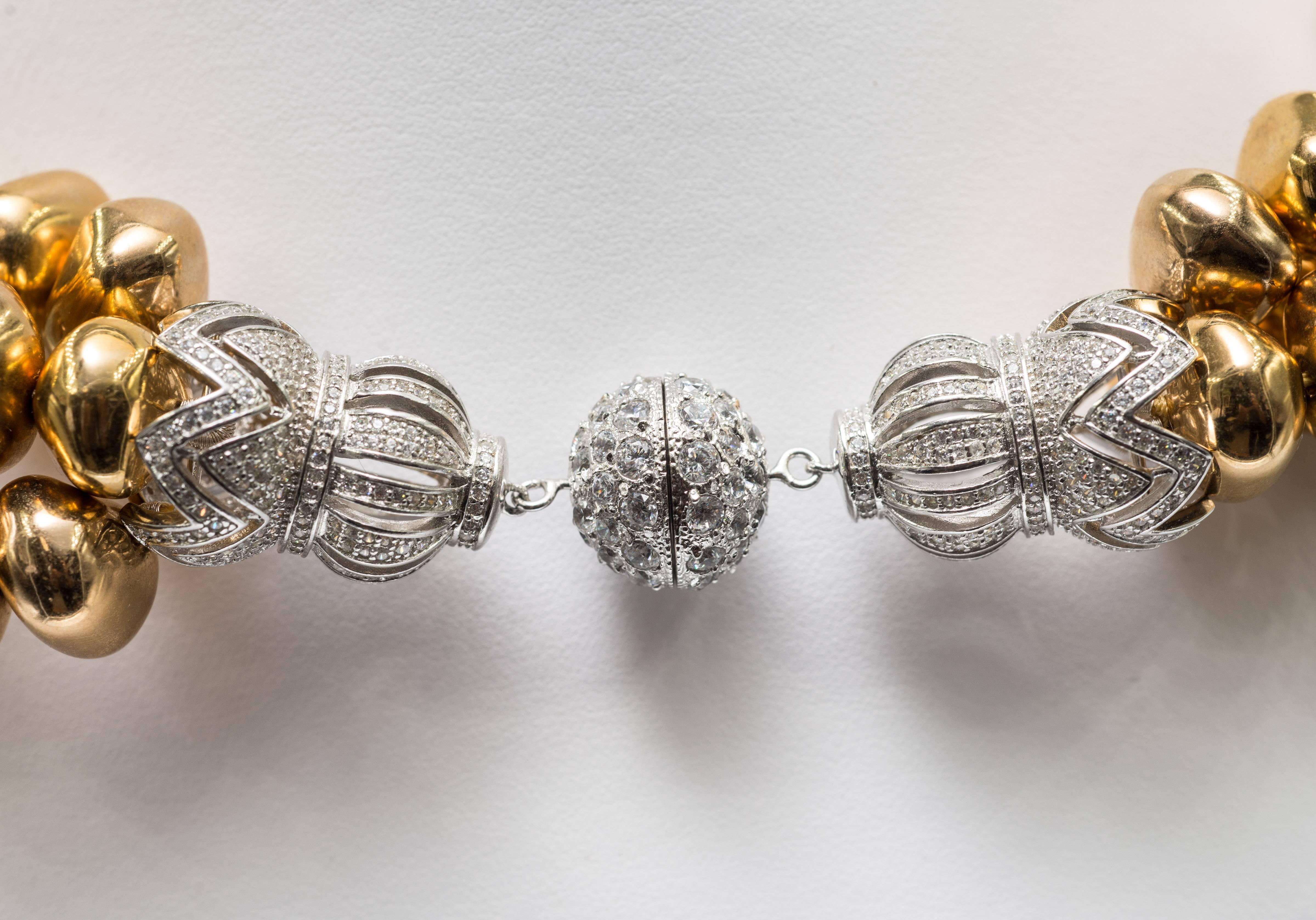 Art Deco Vintage Gilt Nugget Bead Crystal Rondel Triple Strand Twist Collar Necklace