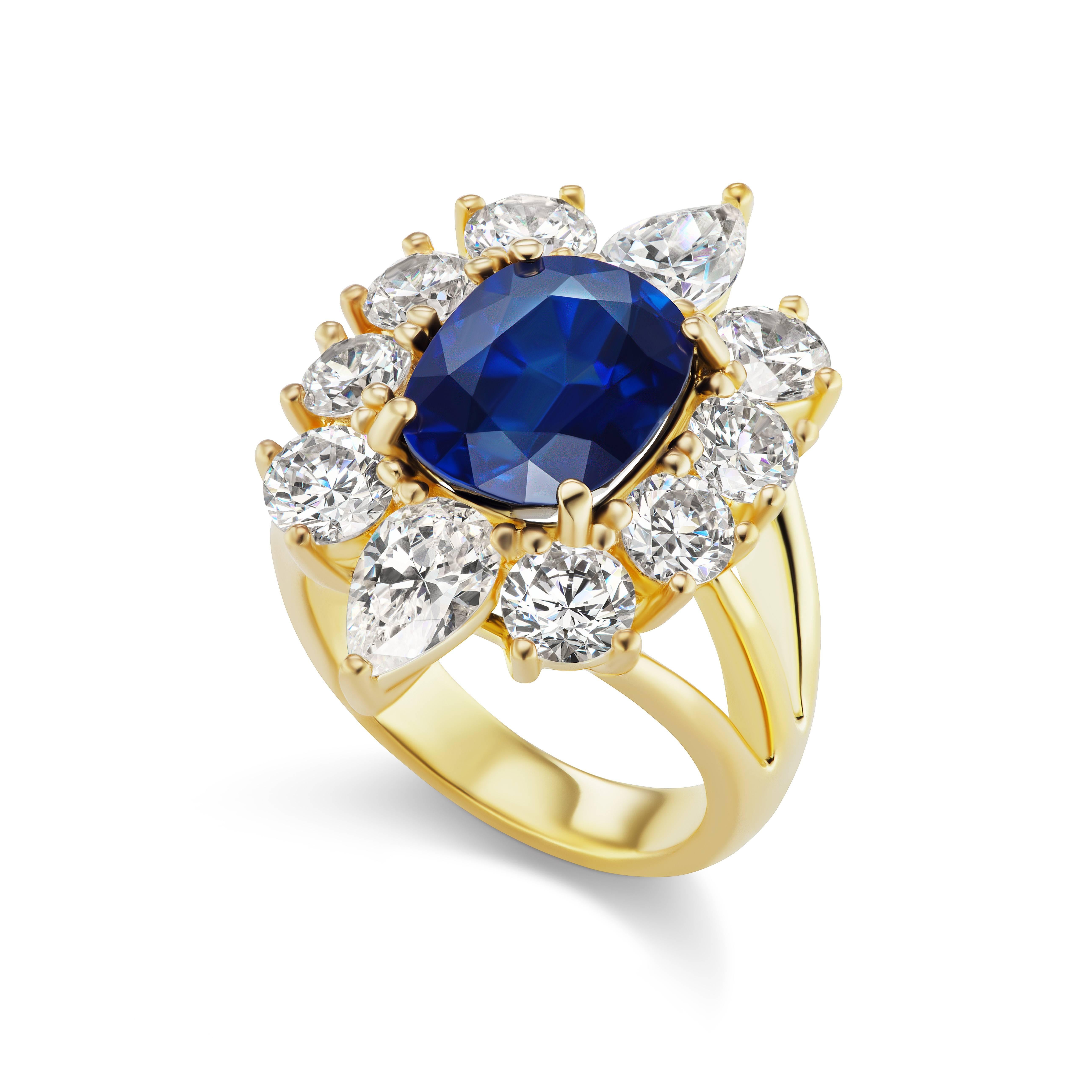 Magnificent  Costume Jewelry Classic Man Made Burma Sapphire CZ Diamond  Halo Cluster Vermeil Ring Set With Round And Pear Shape CZ Centering A Man Made Burma 5 Carat Sapphire . Measures 3/4'' by 1''.   Can be sized by your own jeweler.