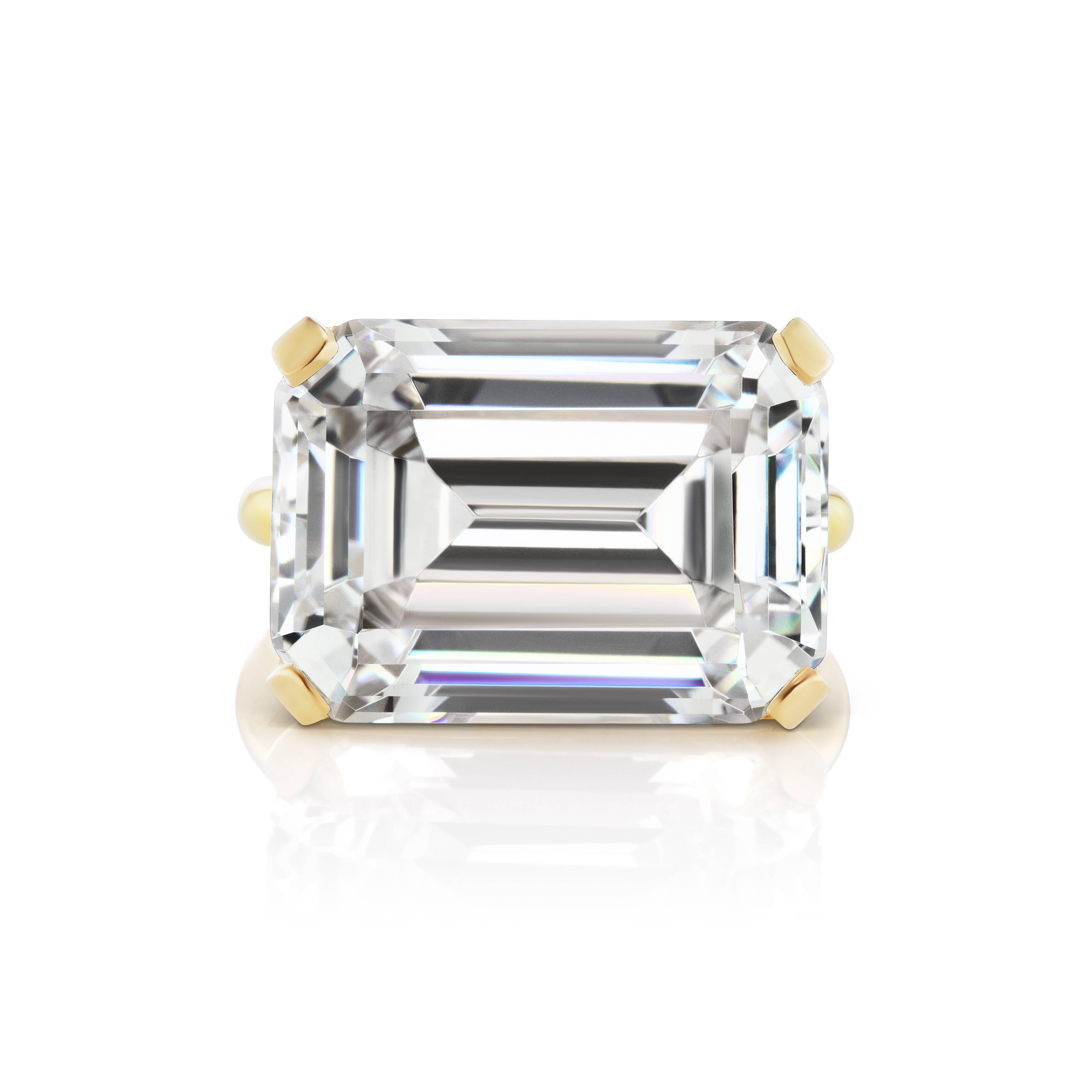 Magnificent  Costume Jewelry Faux Emerald Cut 15 Carat Diamond  Contemporary Modern Vermeil Setting Ring. This Newly Designed Ring Measure 3/4 inch across, half an inch wide and sits 1/4 inch on the finger. Chic Bold Impressive. Free sizing.