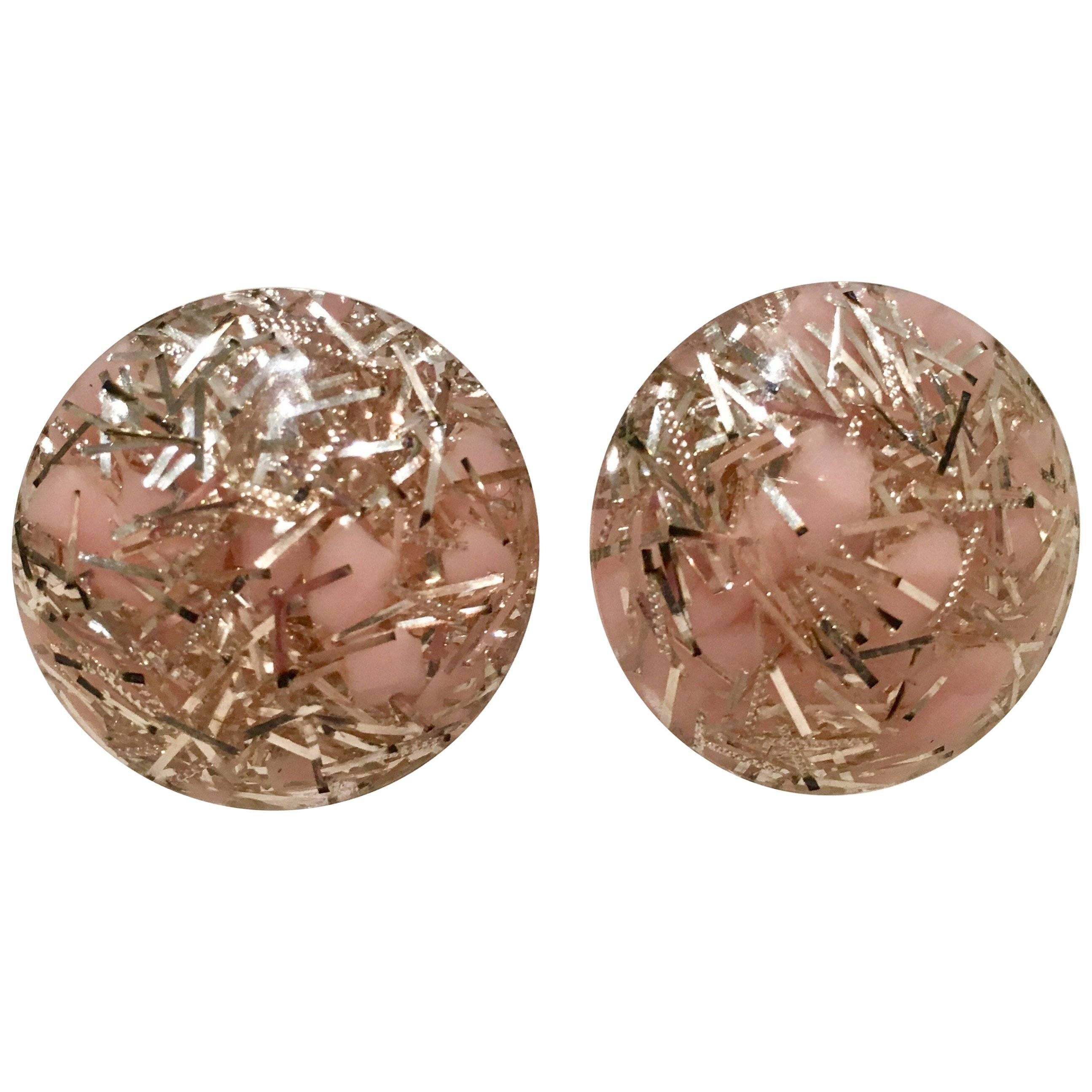 Vintage Lucite Pink and Silver Confetti Earrings