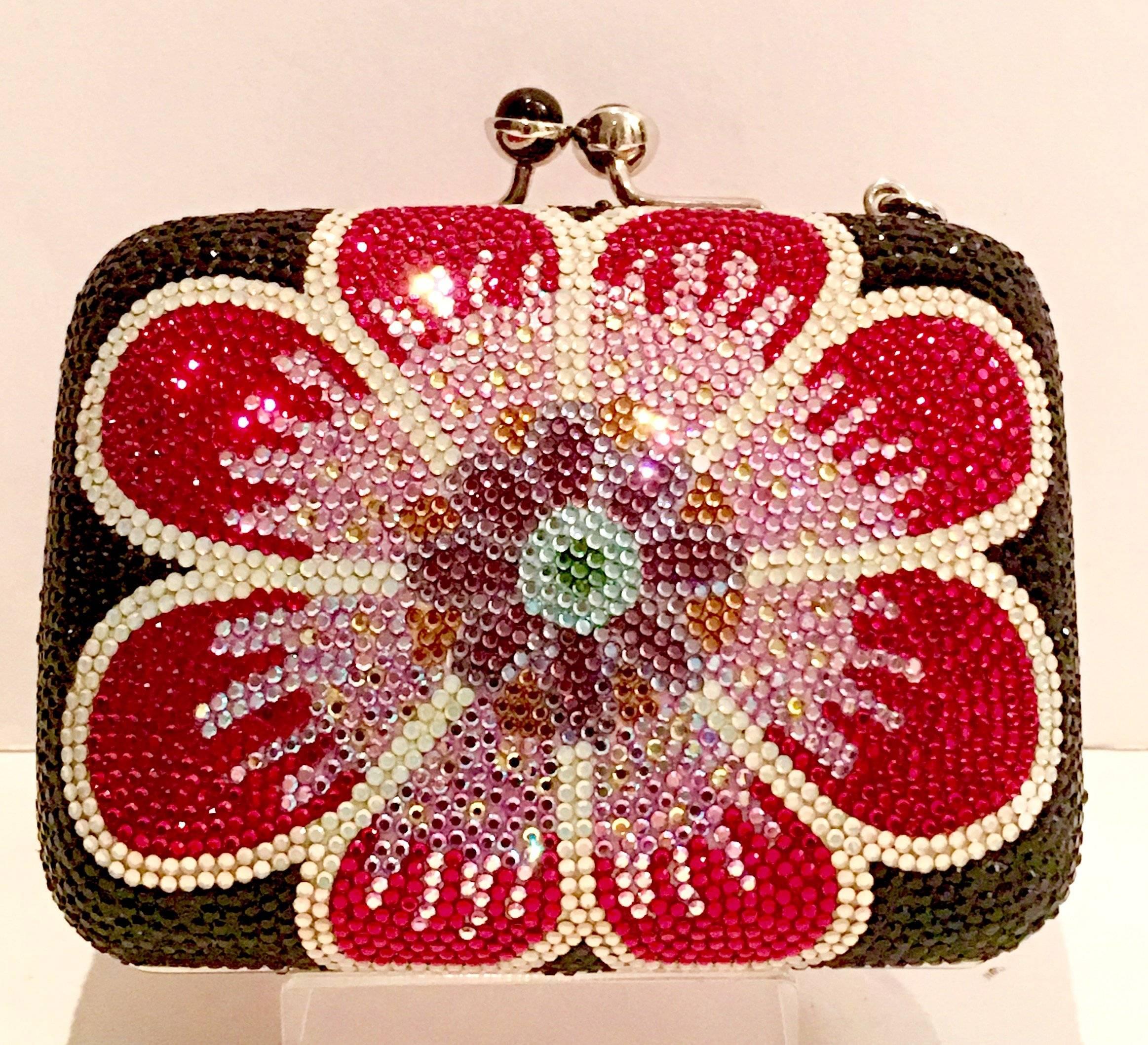 Pink Judith Leiber Swarovski Crystal Couture Floral Minaudiere Box Evening Bag