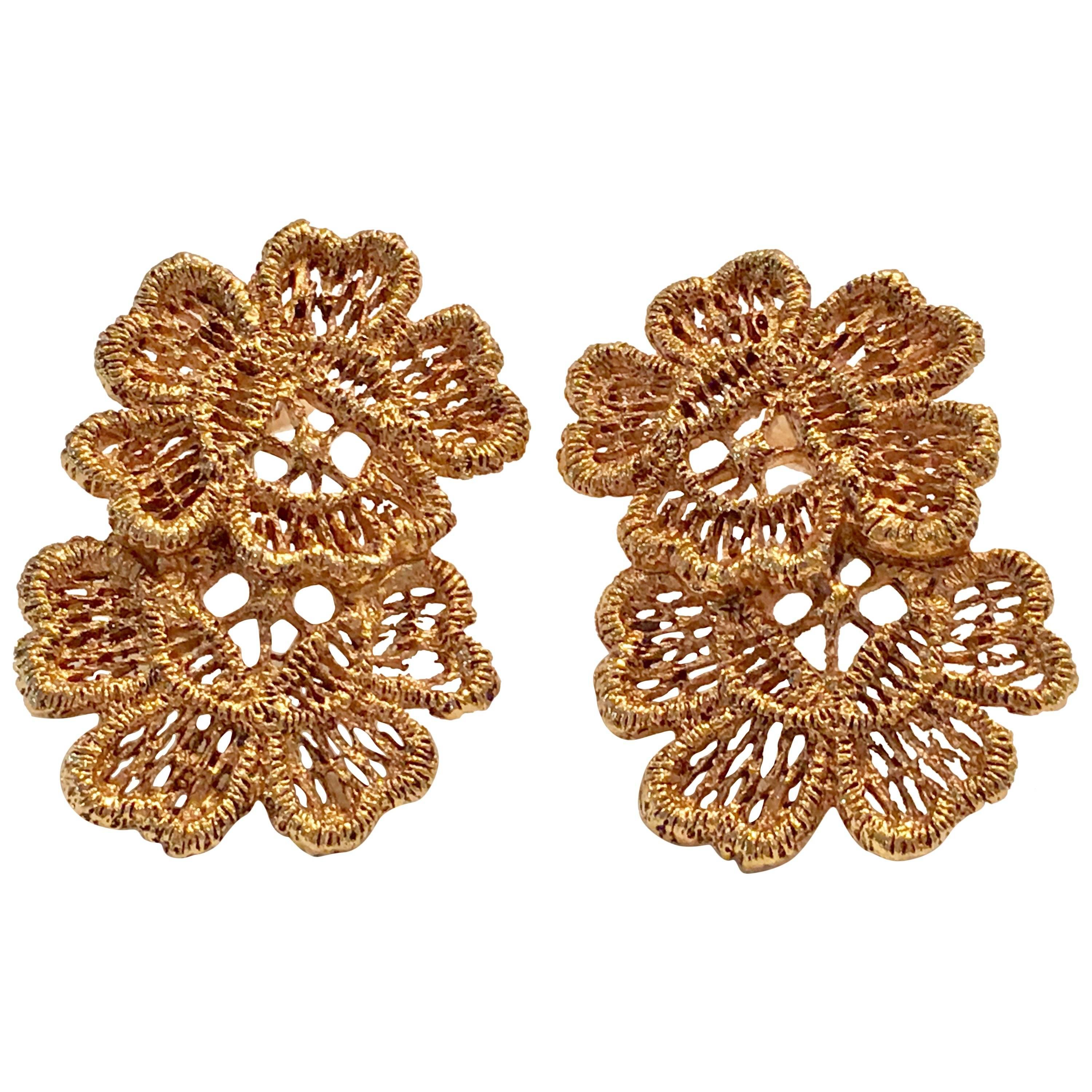 70'S Gold Plate Double Flower Earrings By, Carol Dauplaise