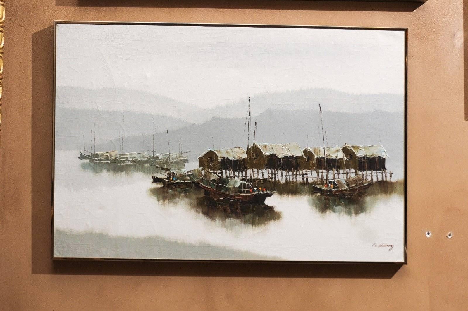 Pair of Hong Kong Harbor Oil Paintings in Neutral Colors by F.E. Cheang For Sale 1
