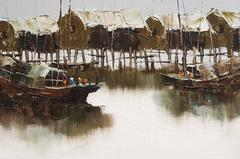 Pair of Hong Kong Harbor Oil Paintings in Neutral Colors by F.E. Cheang