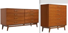 RWAY Mid-Century Modern Walnut Double Dresser and Chest of Drawers Highboy