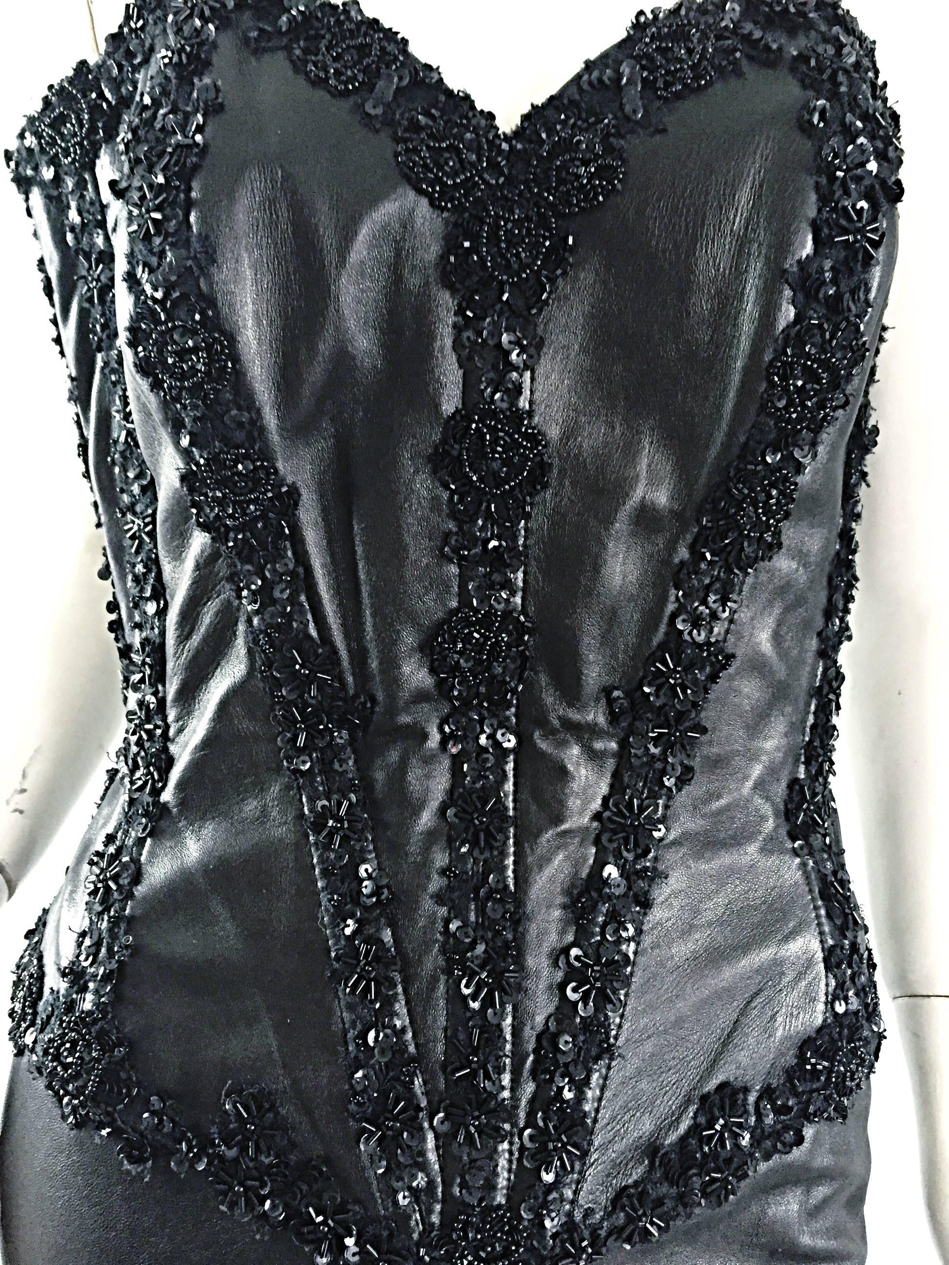 Rare Vintage Vicky Tiel Couture Sexy Leather Beaded + Sequin Corset Black Dress  6