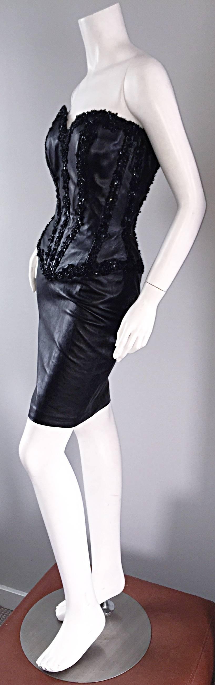 Rare Vintage Vicky Tiel Couture Sexy Leather Beaded + Sequin Corset Black Dress  In Excellent Condition In San Diego, CA