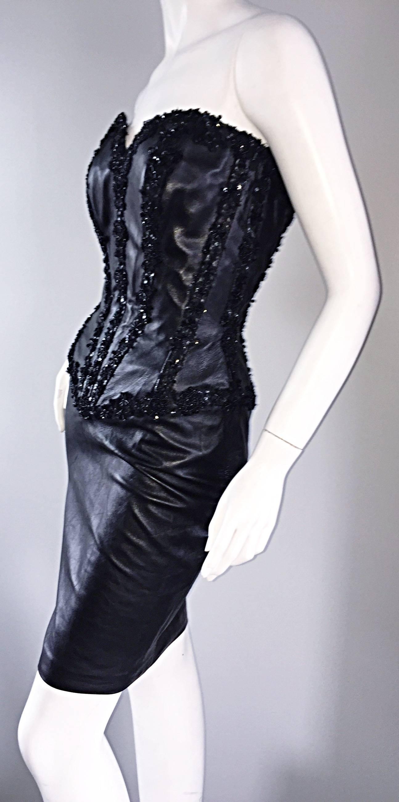Rare Vintage Vicky Tiel Couture Sexy Leather Beaded + Sequin Corset Black Dress  2