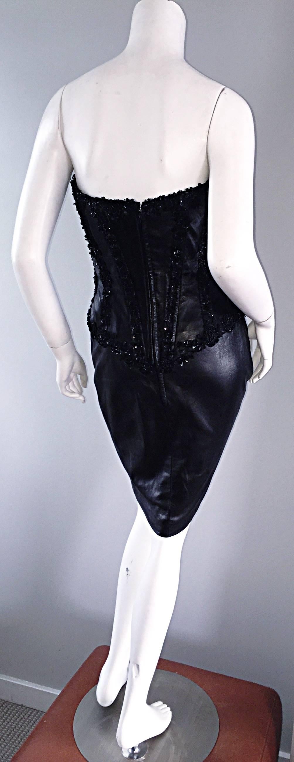 Rare Vintage Vicky Tiel Couture Sexy Leather Beaded + Sequin Corset Black Dress  1