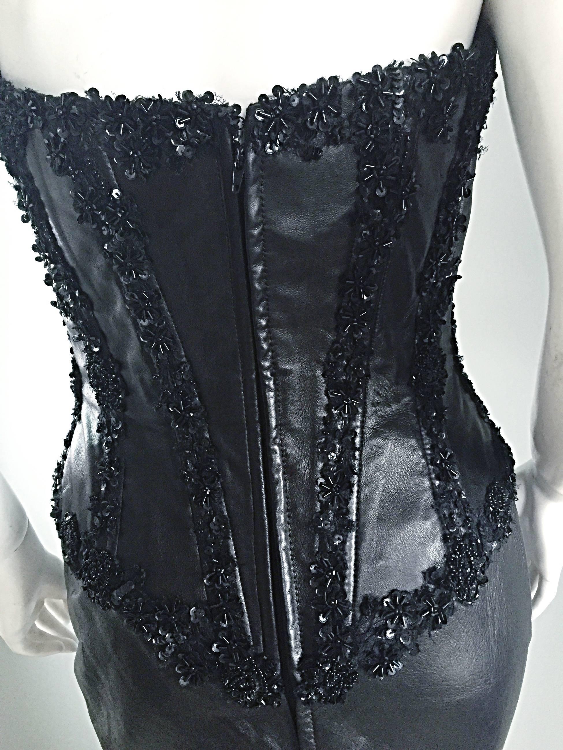 Rare Vintage Vicky Tiel Couture Sexy Leather Beaded + Sequin Corset Black Dress  3