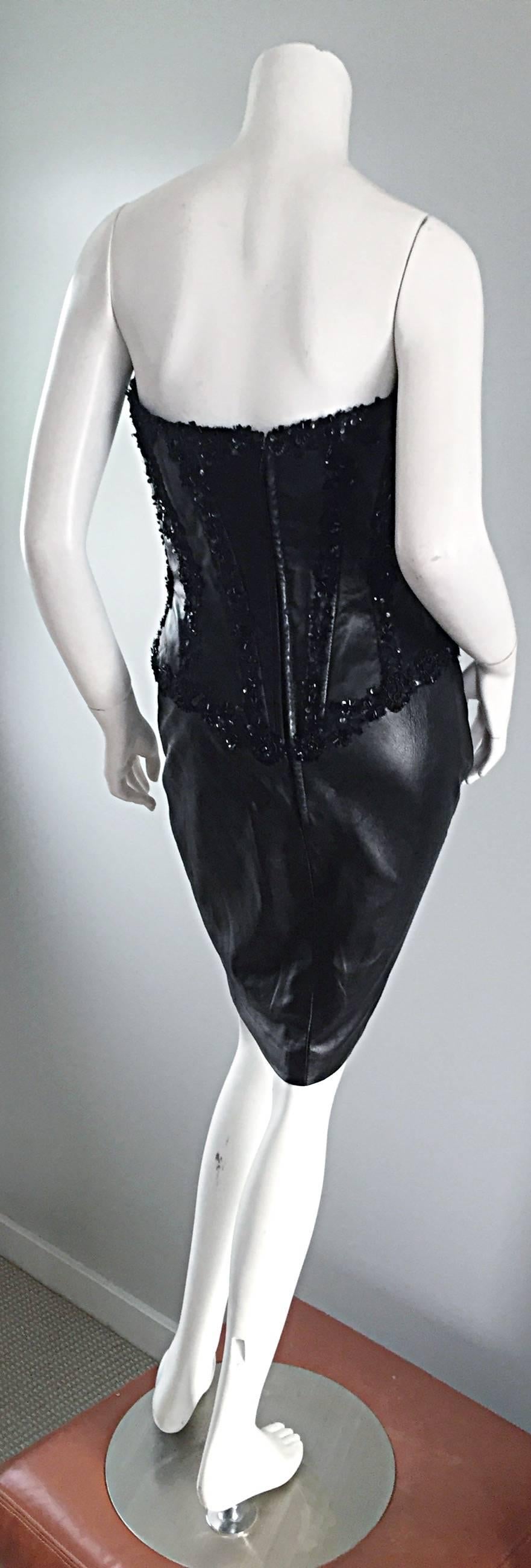 Women's Rare Vintage Vicky Tiel Couture Sexy Leather Beaded + Sequin Corset Black Dress 