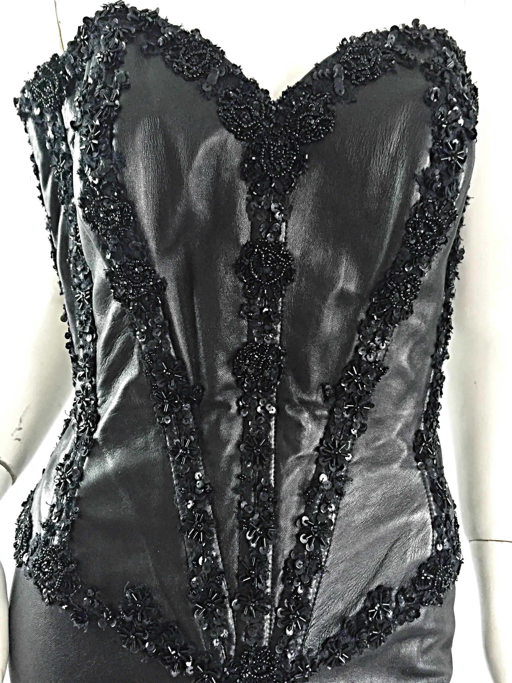 Rare Vintage Vicky Tiel Couture Sexy Leather Beaded + Sequin Corset Black Dress  5
