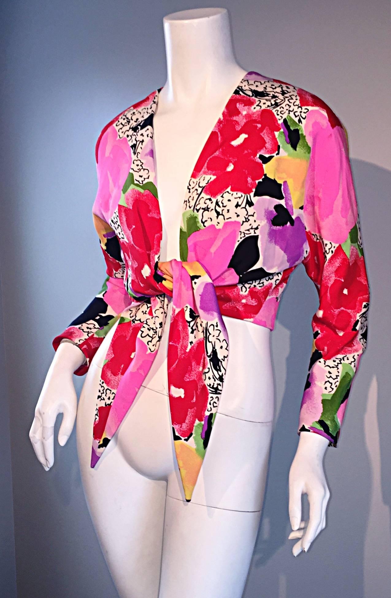 Rare Vintage Pierre Cardin Haute Couture SS1989 Floral Cropped Bolero Shrug Top In Excellent Condition In San Diego, CA