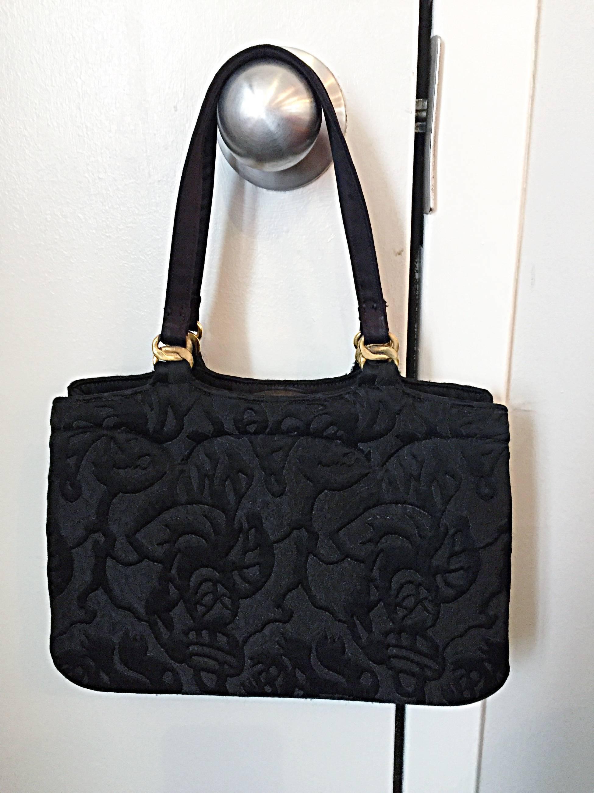 New 1950s Koret Vintage Black Embroidered Handbag Purse Bag w/ Pouch + Mirror 2