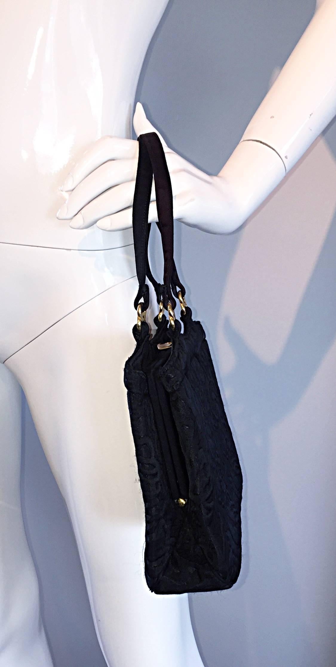 New 1950s Koret Vintage Black Embroidered Handbag Purse Bag w/ Pouch + Mirror 1
