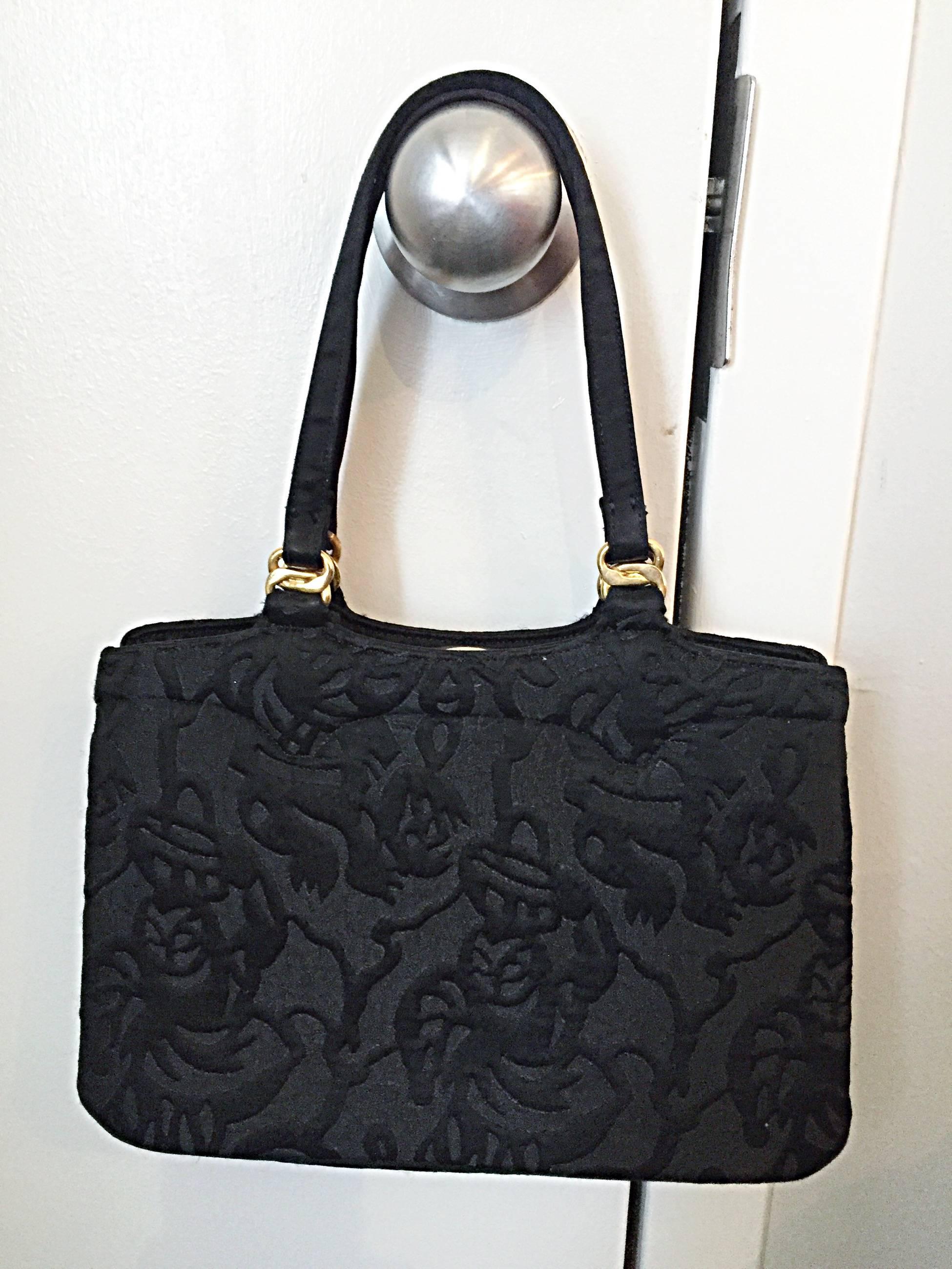 New 1950s Koret Vintage Black Embroidered Handbag Purse Bag w/ Pouch + Mirror In New Condition In San Diego, CA