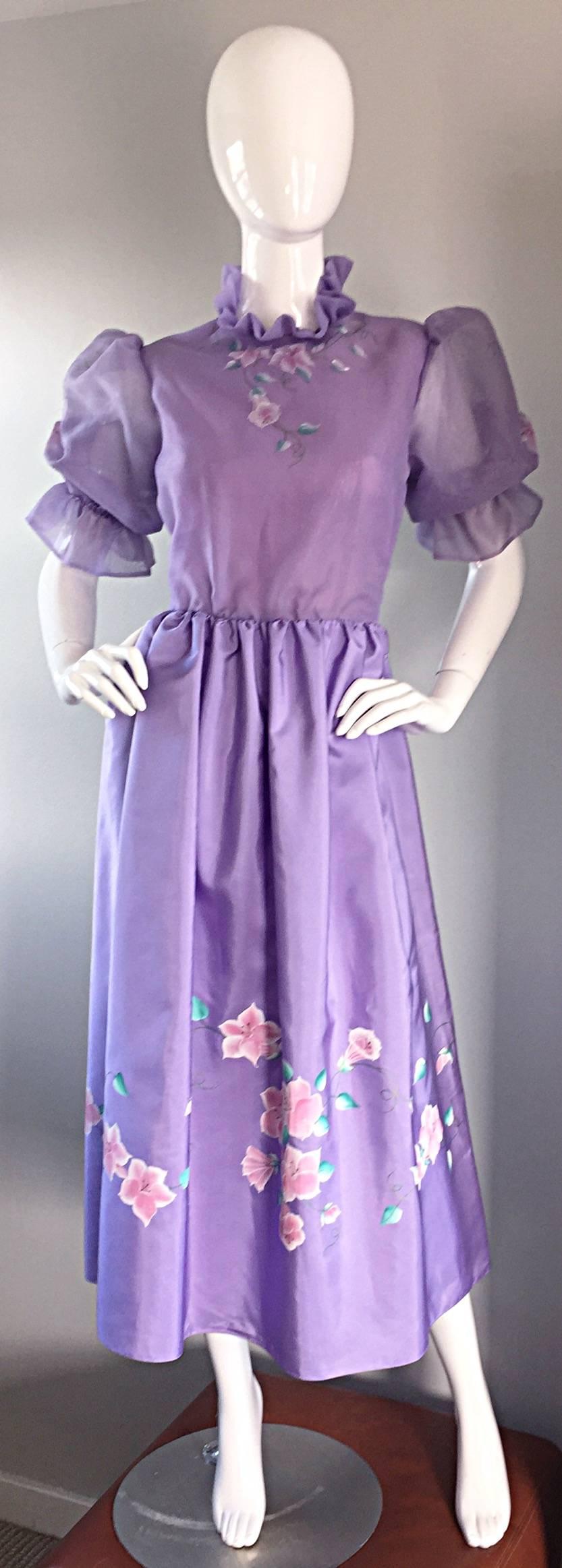 Beautiful vintage early 80s RICHILENE ' Victorian Revival ' light purple / lilac hand painted silk dress! Silk chiffon bodice, with hand painted flowers on bodice (front, back, and sleeves). Sleeves feature elastic cuffs, which can also be pushed up