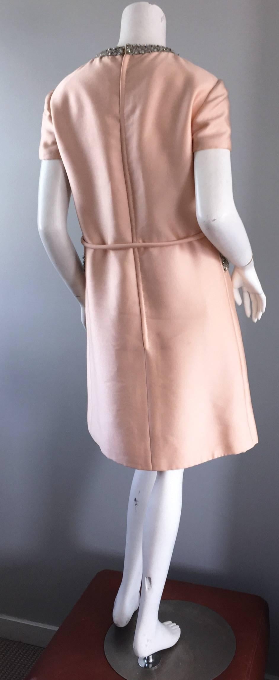 1960s Pat Sandler Light Pink Silk + Rhinestones + Crystals Belted A - Line Dress In Excellent Condition In San Diego, CA