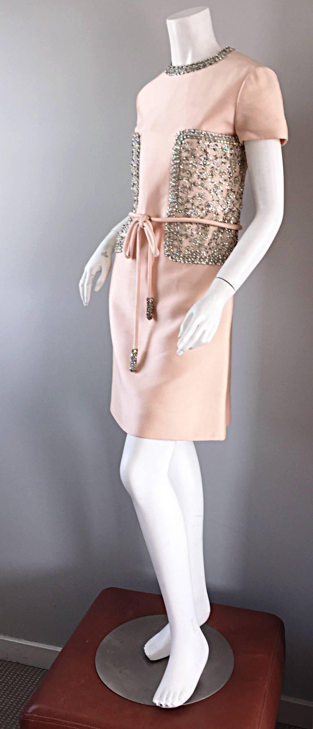 Beige 1960s Pat Sandler Light Pink Silk + Rhinestones + Crystals Belted A - Line Dress