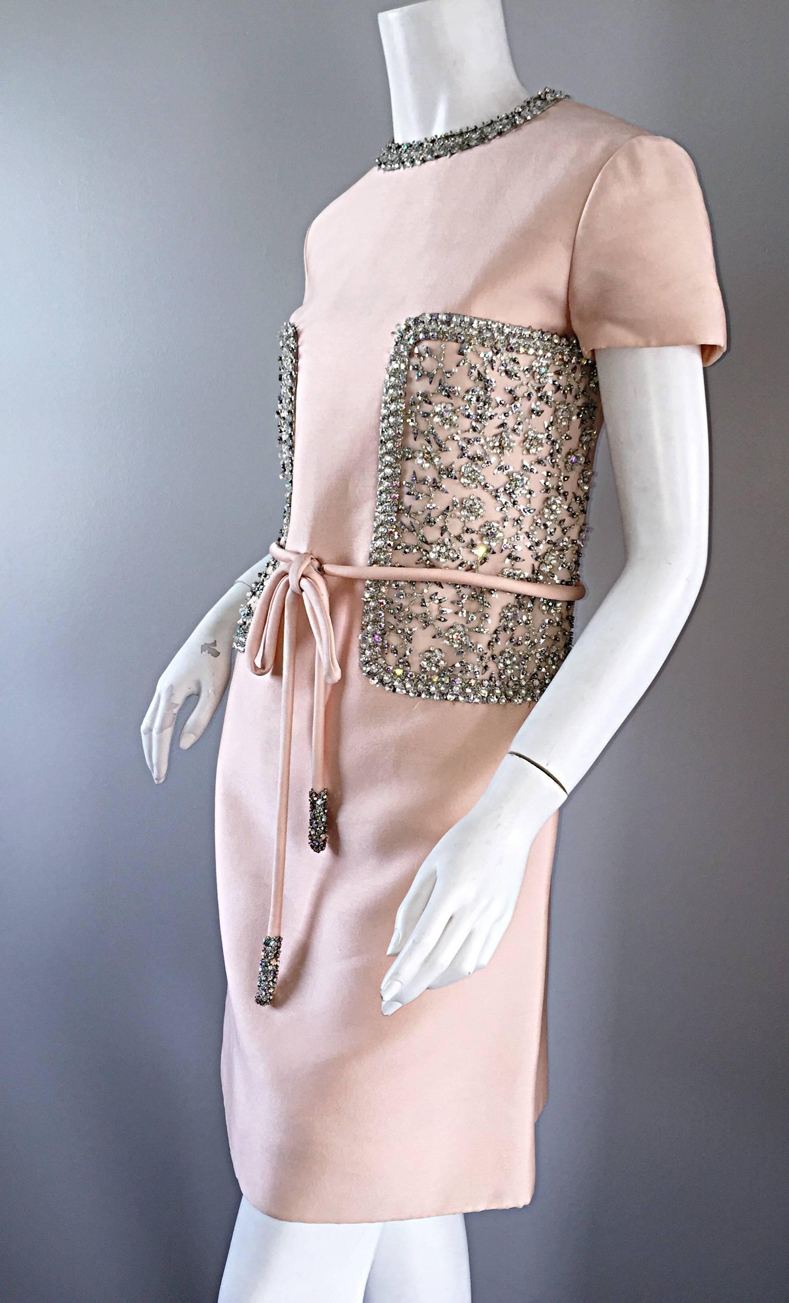 Women's 1960s Pat Sandler Light Pink Silk + Rhinestones + Crystals Belted A - Line Dress