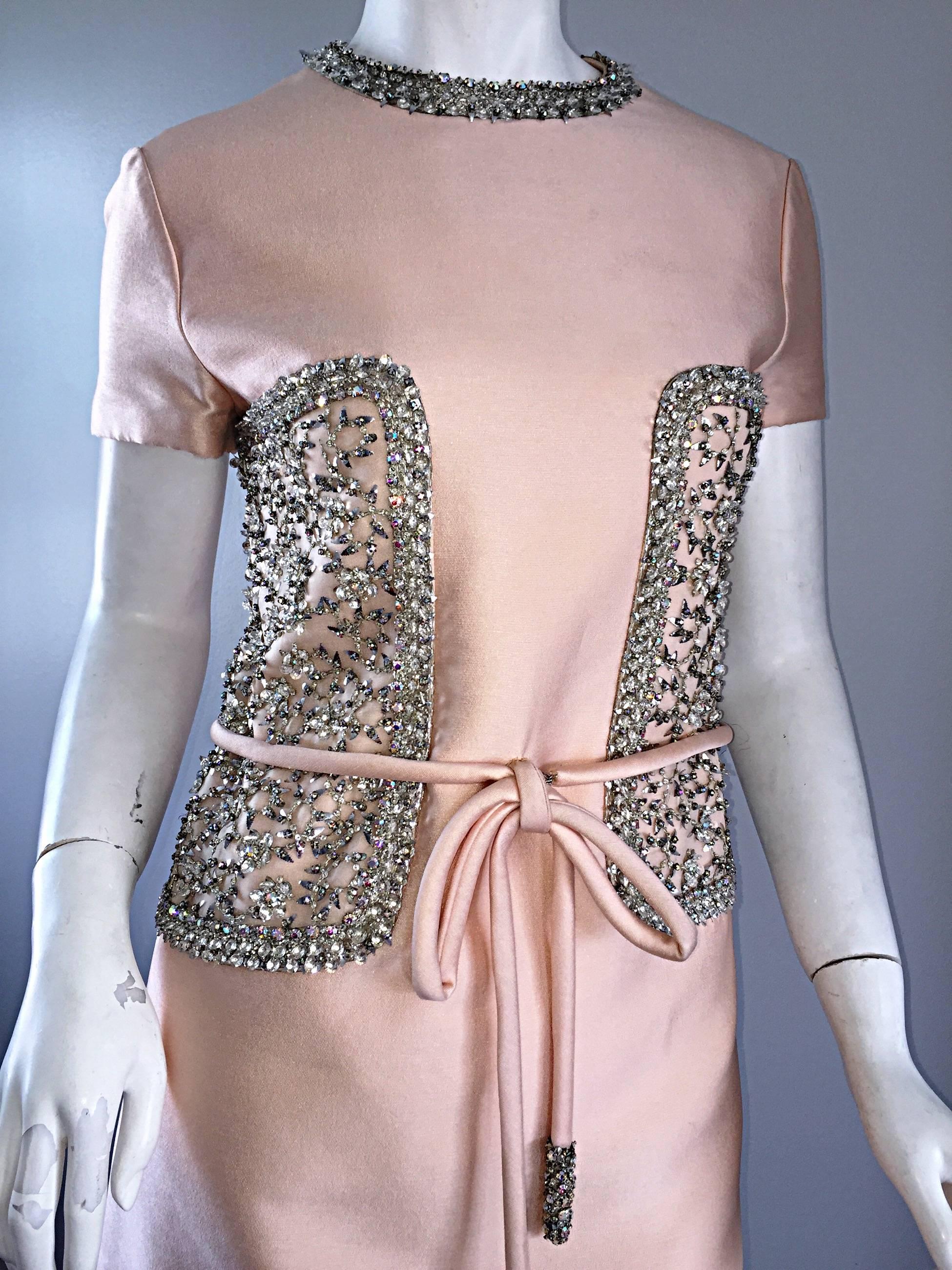 1960s Pat Sandler Light Pink Silk + Rhinestones + Crystals Belted A - Line Dress 2
