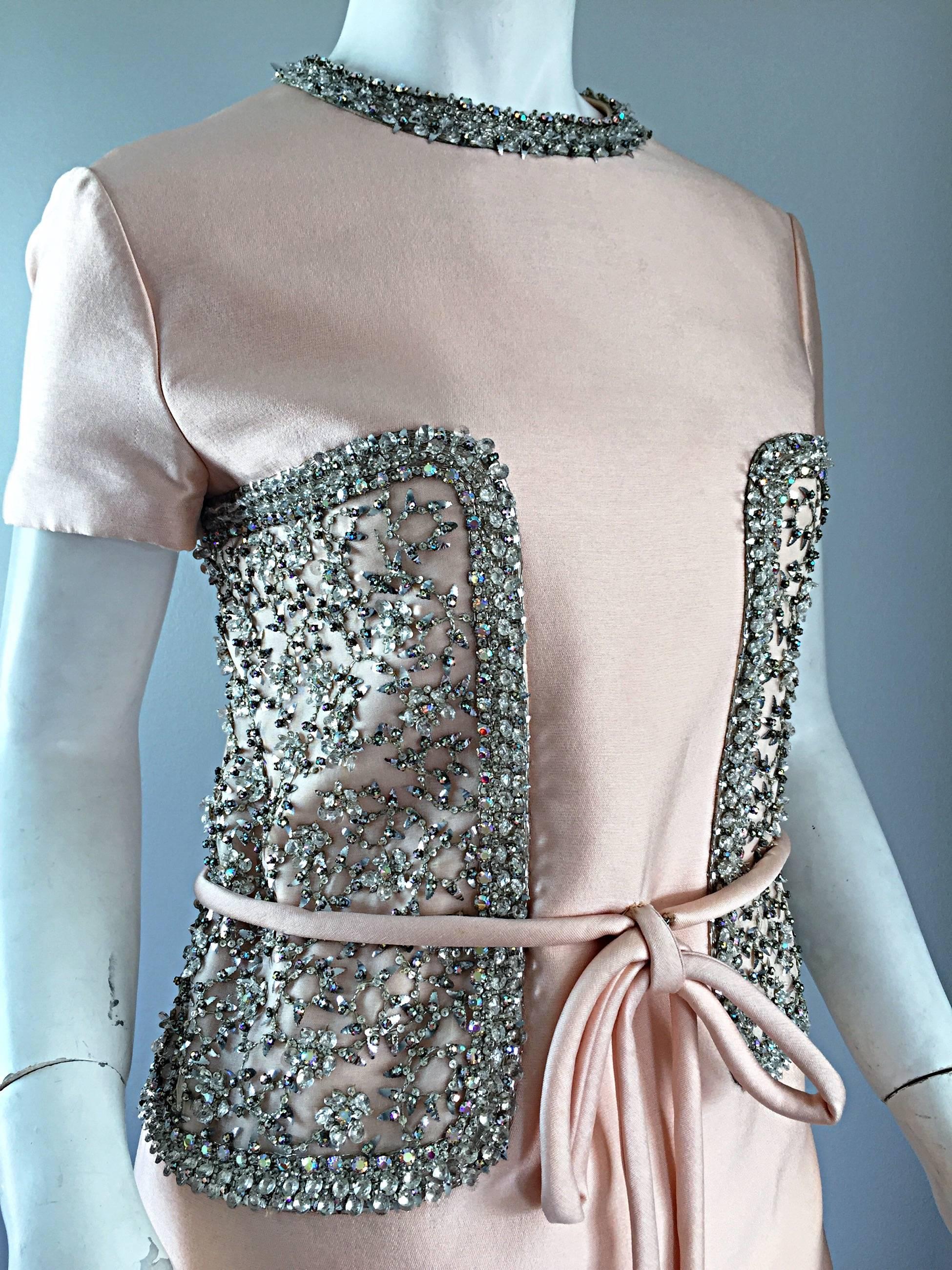 1960s Pat Sandler Light Pink Silk + Rhinestones + Crystals Belted A - Line Dress 1