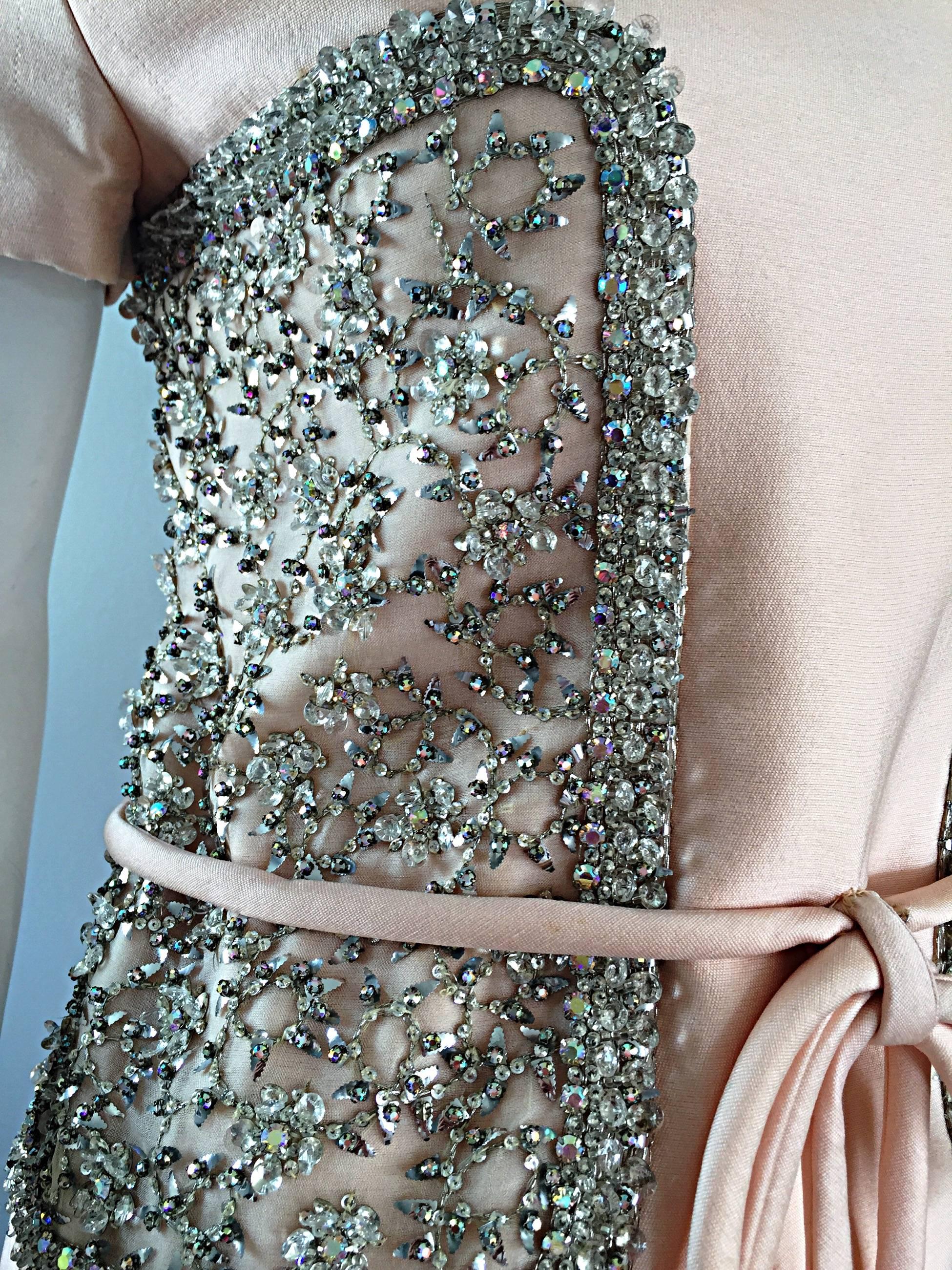 1960s Pat Sandler Light Pink Silk + Rhinestones + Crystals Belted A - Line Dress 3
