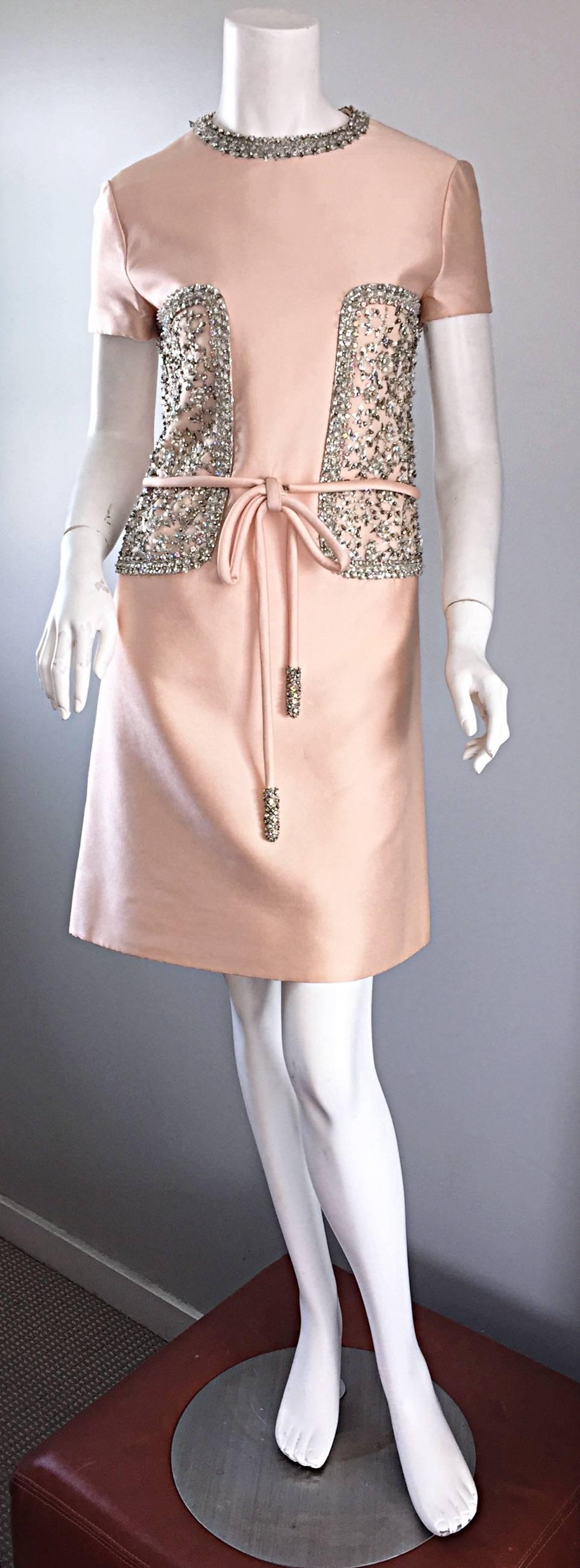 1960s Pat Sandler Light Pink Silk + Rhinestones + Crystals Belted A - Line Dress 5