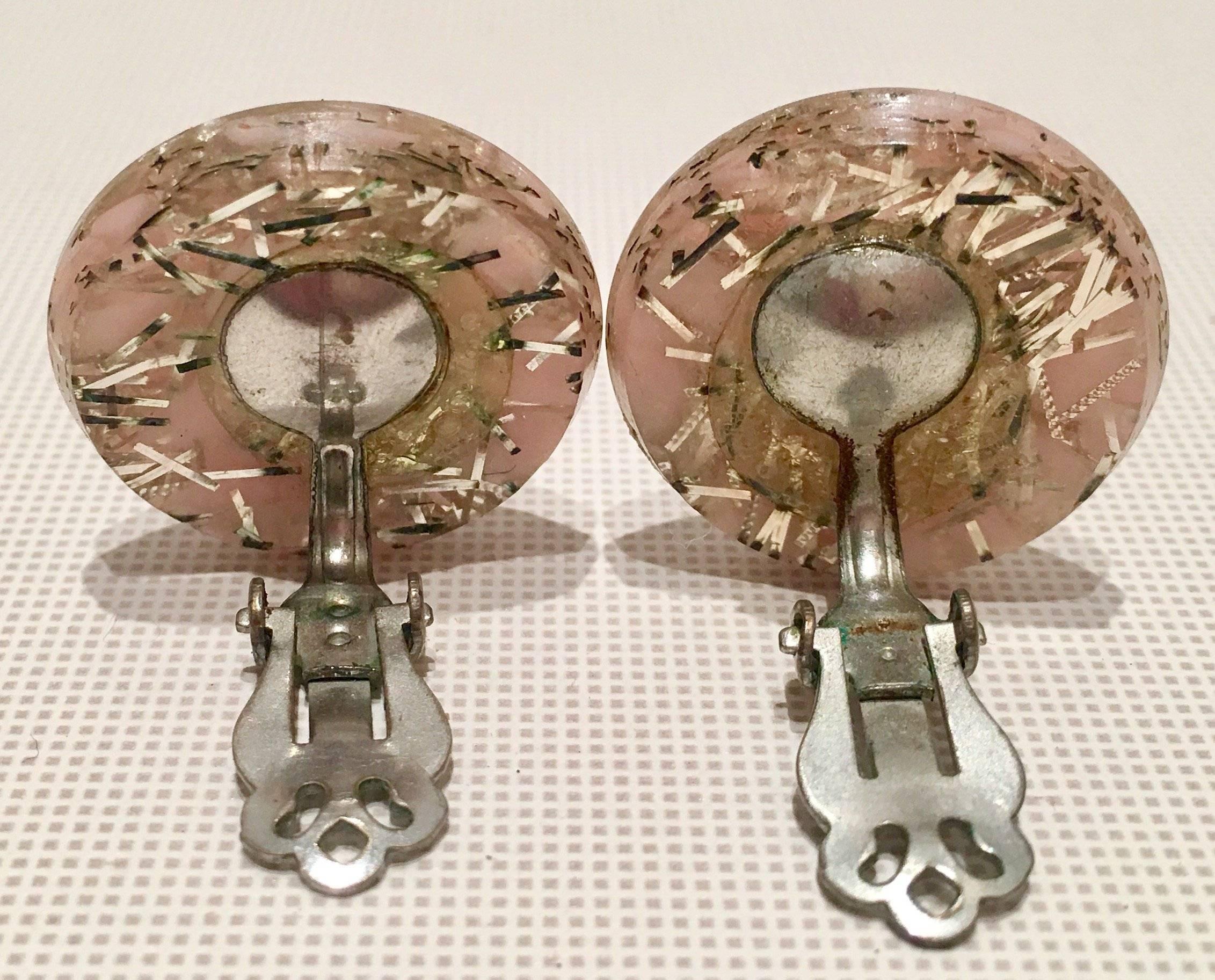 Women's or Men's Vintage Lucite Pink and Silver Confetti Earrings