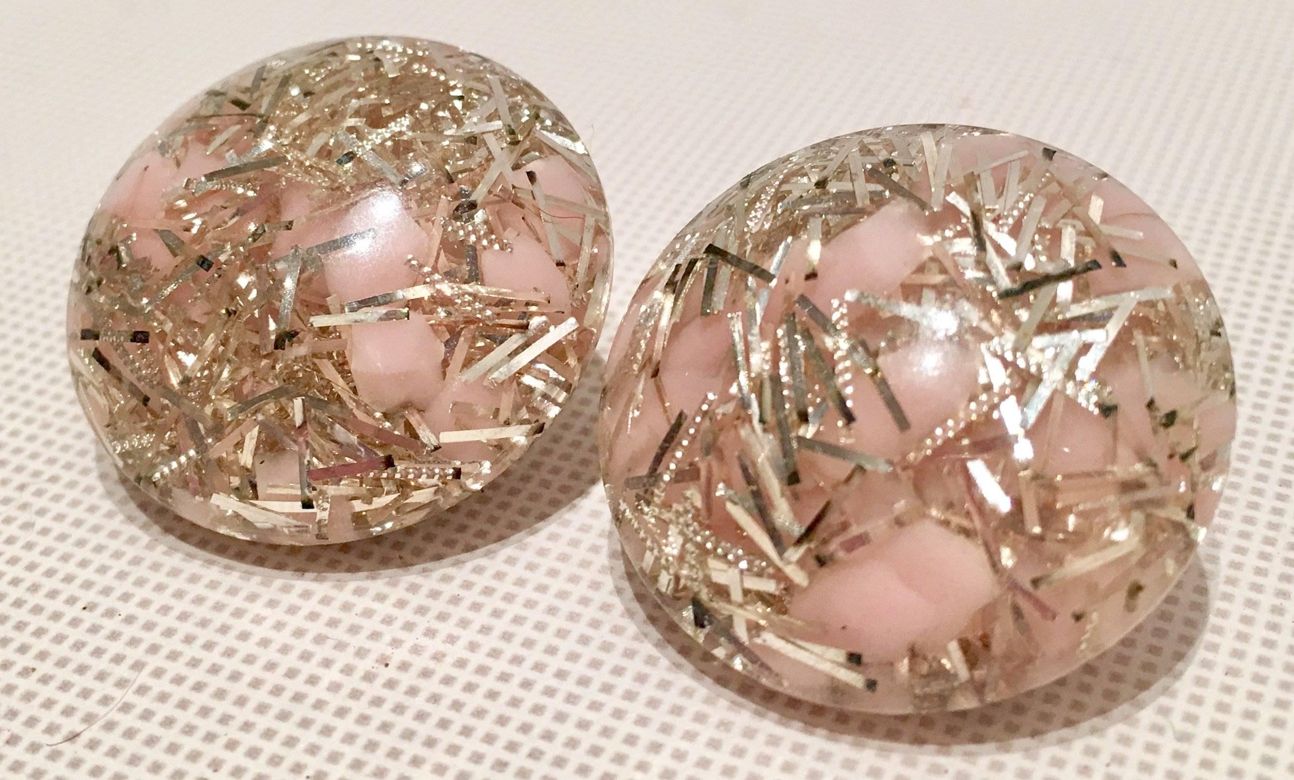 Vintage Lucite Pink and Silver Confetti Earrings 1