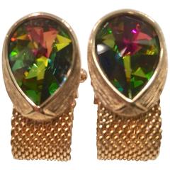 Retro Mid-Century Gold Mesh and Watermelon Teardrop Cufflinks by Swank