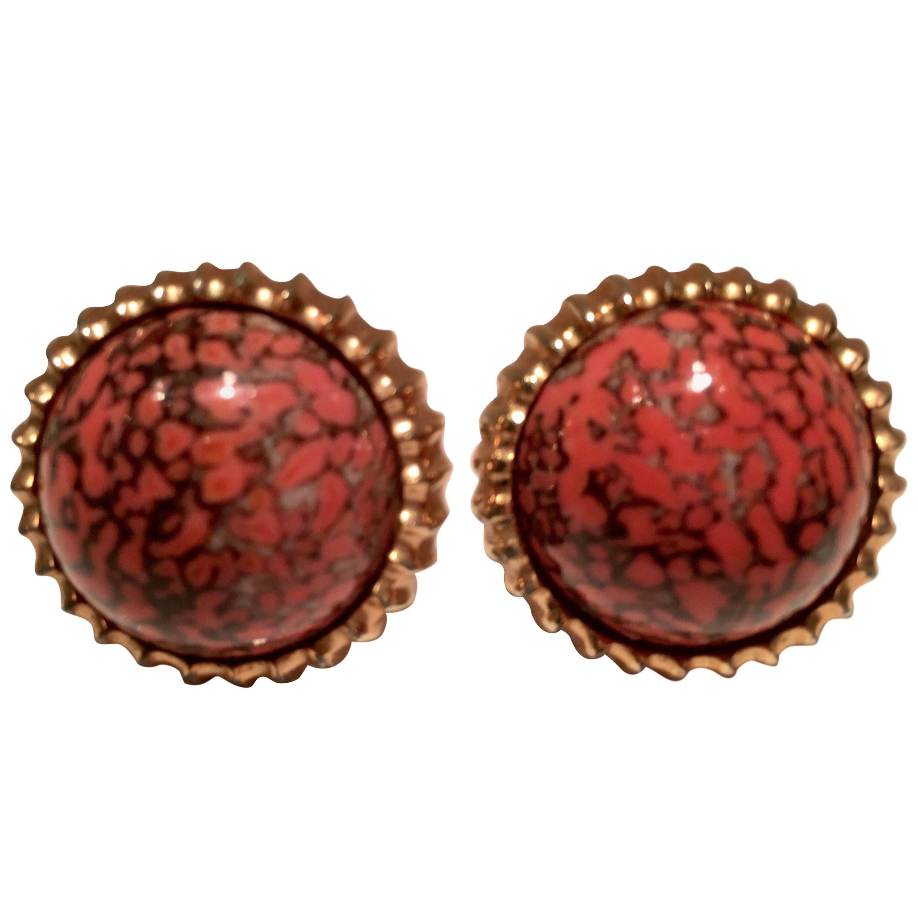 60'S Gold & Coral Glass Stone Cufflinks By Hickock
