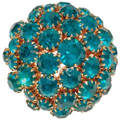 Vintage Gold Tone and Teal Swarovski Crystal Brooch/Pin By, Warner