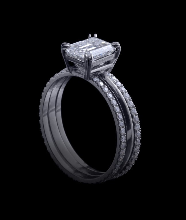 Contemporary Alexandra Mor Emerald Cut Diamond Three-Ring Set featuring 1.59 Ct Center GIA