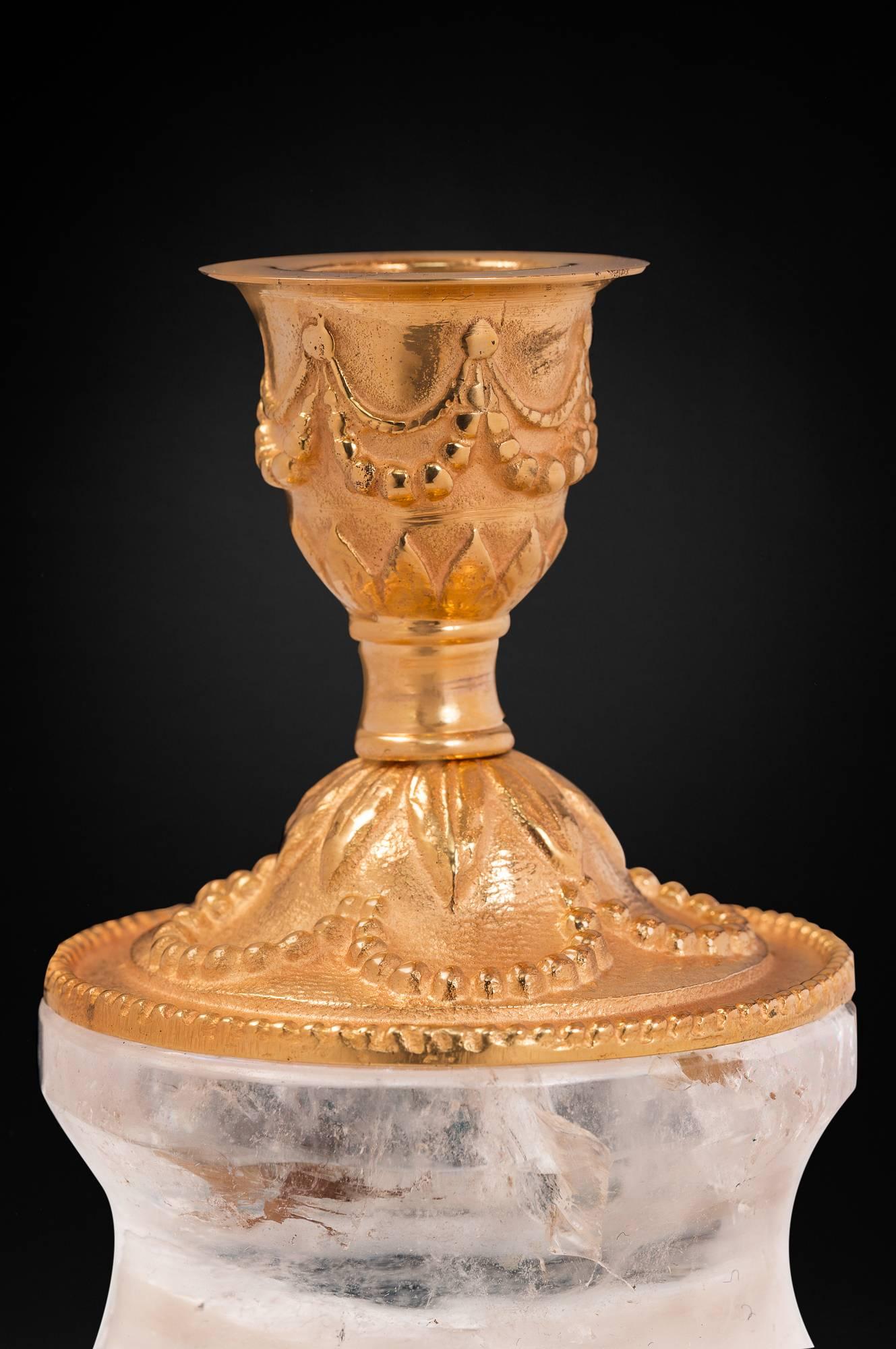 Pair of contemporary Louis XVI rock crystal and bronze candlestick by Alexandre Vossion.
 