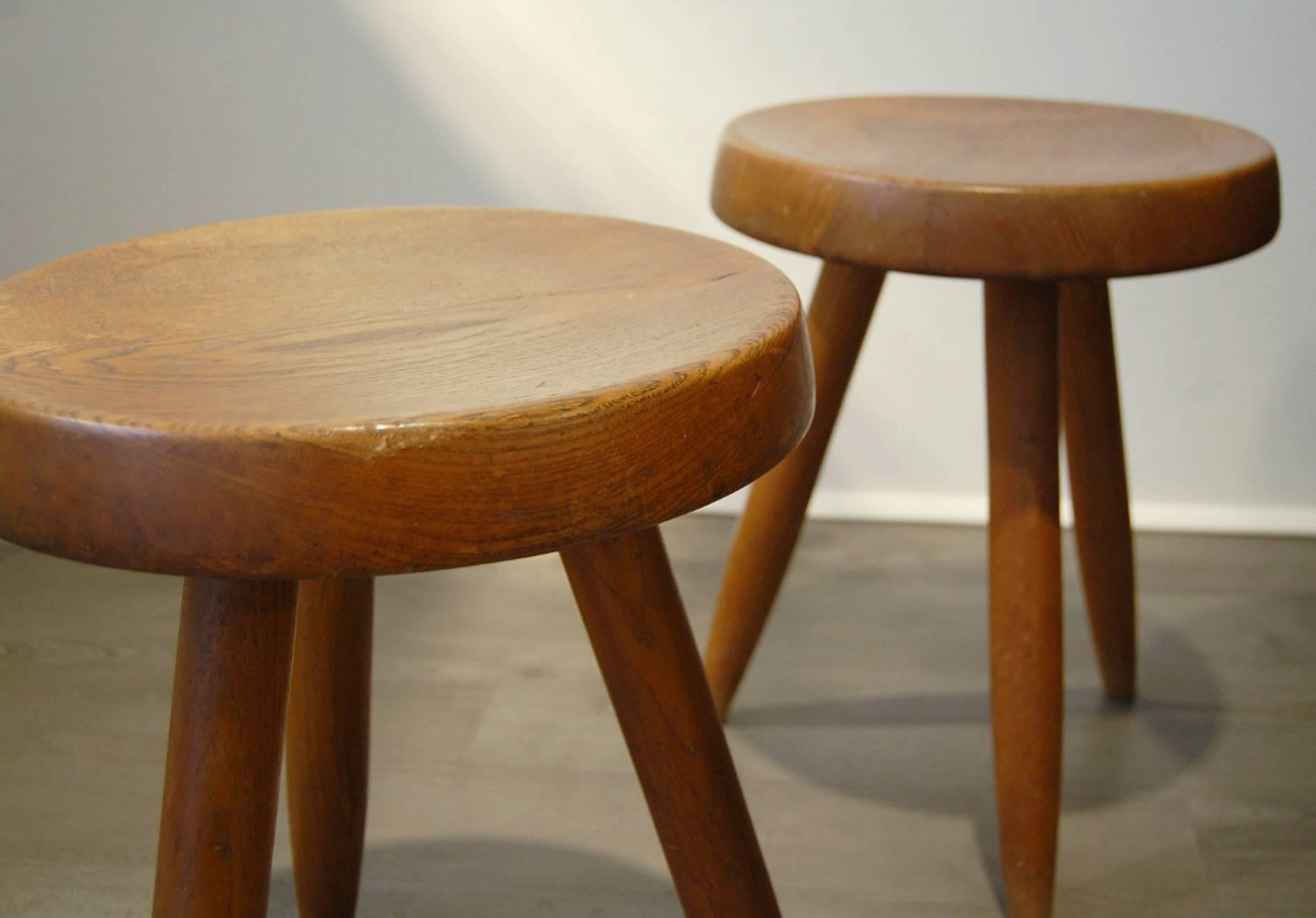 French Charlotte Perriand, Pair of Wooden Stools