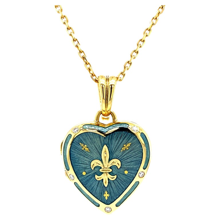 Fabergé 18k Yellow Gold Heart Locket Light Blue Enamel 4 Diamonds 0,075 Ct G/IF For Sale