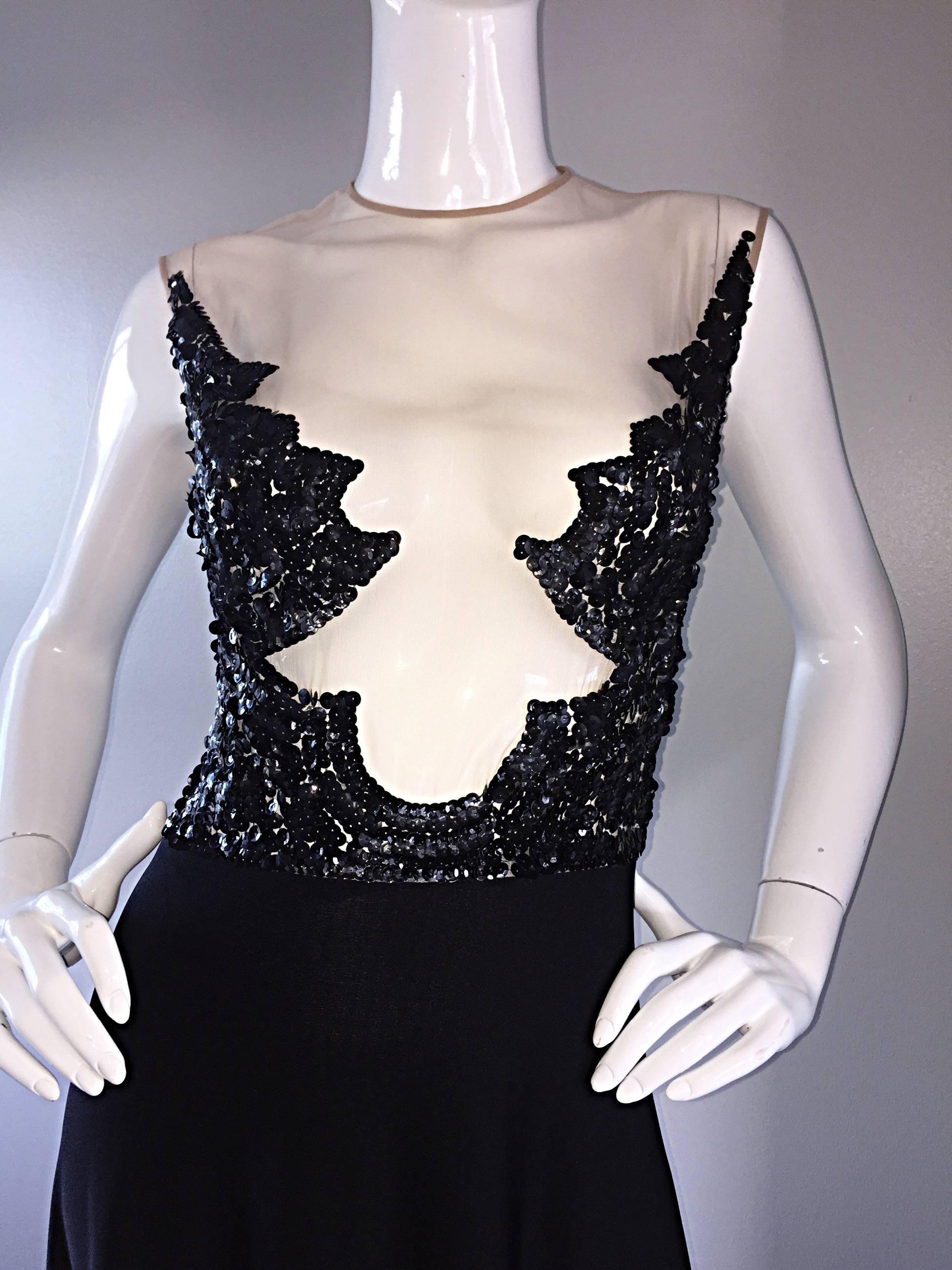 Incredible 1970s Mr. Blackwell Vintage Nude Illusion Sequin Couture Black Gown For Sale 1