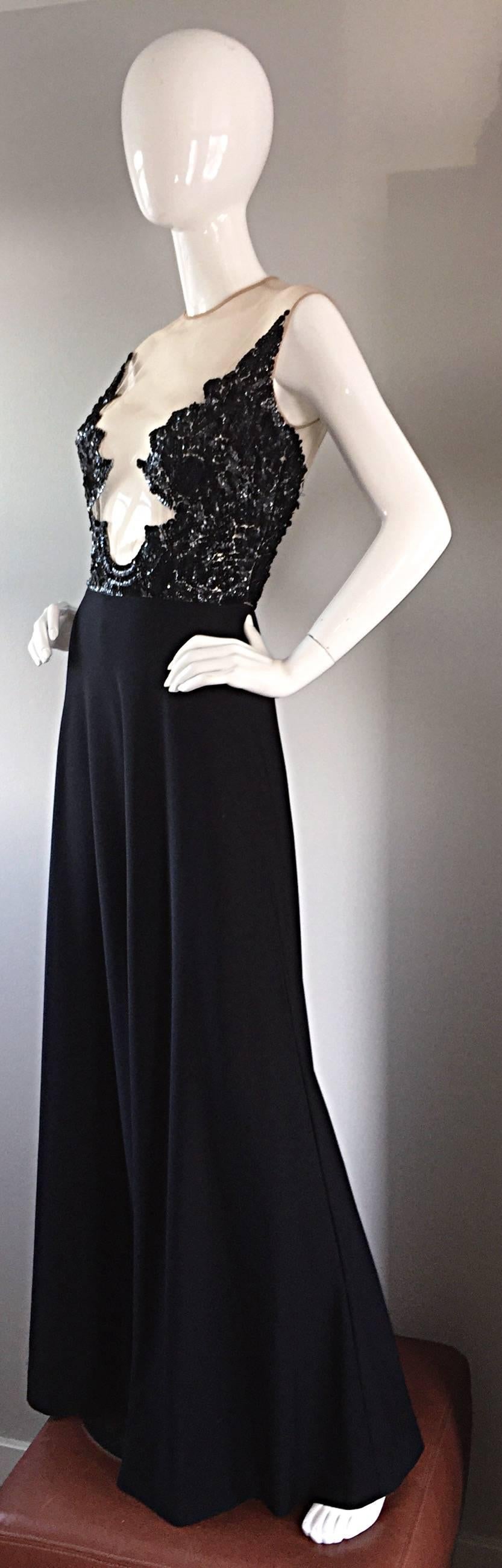 Women's Incredible 1970s Mr. Blackwell Vintage Nude Illusion Sequin Couture Black Gown  For Sale