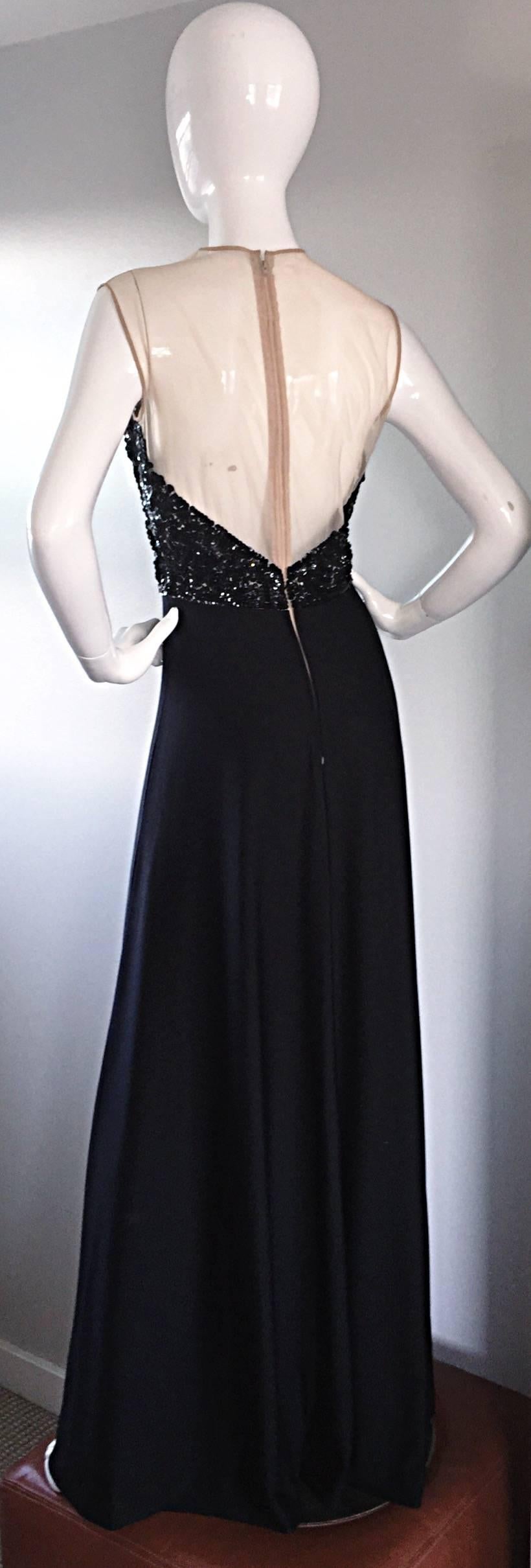 Incredible 1970s Mr. Blackwell Vintage Nude Illusion Sequin Couture Black Gown  In Excellent Condition For Sale In San Diego, CA