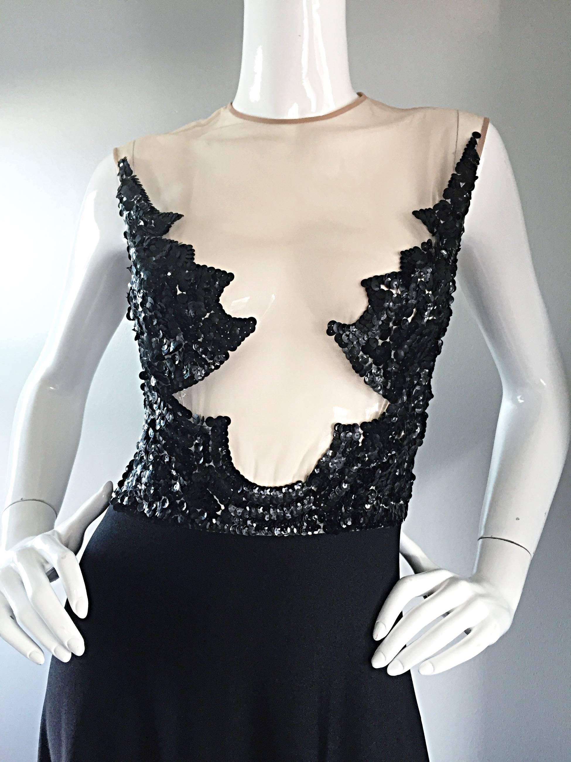 Incredible 1970s Mr. Blackwell Vintage Nude Illusion Sequin Couture Black Gown  For Sale 2
