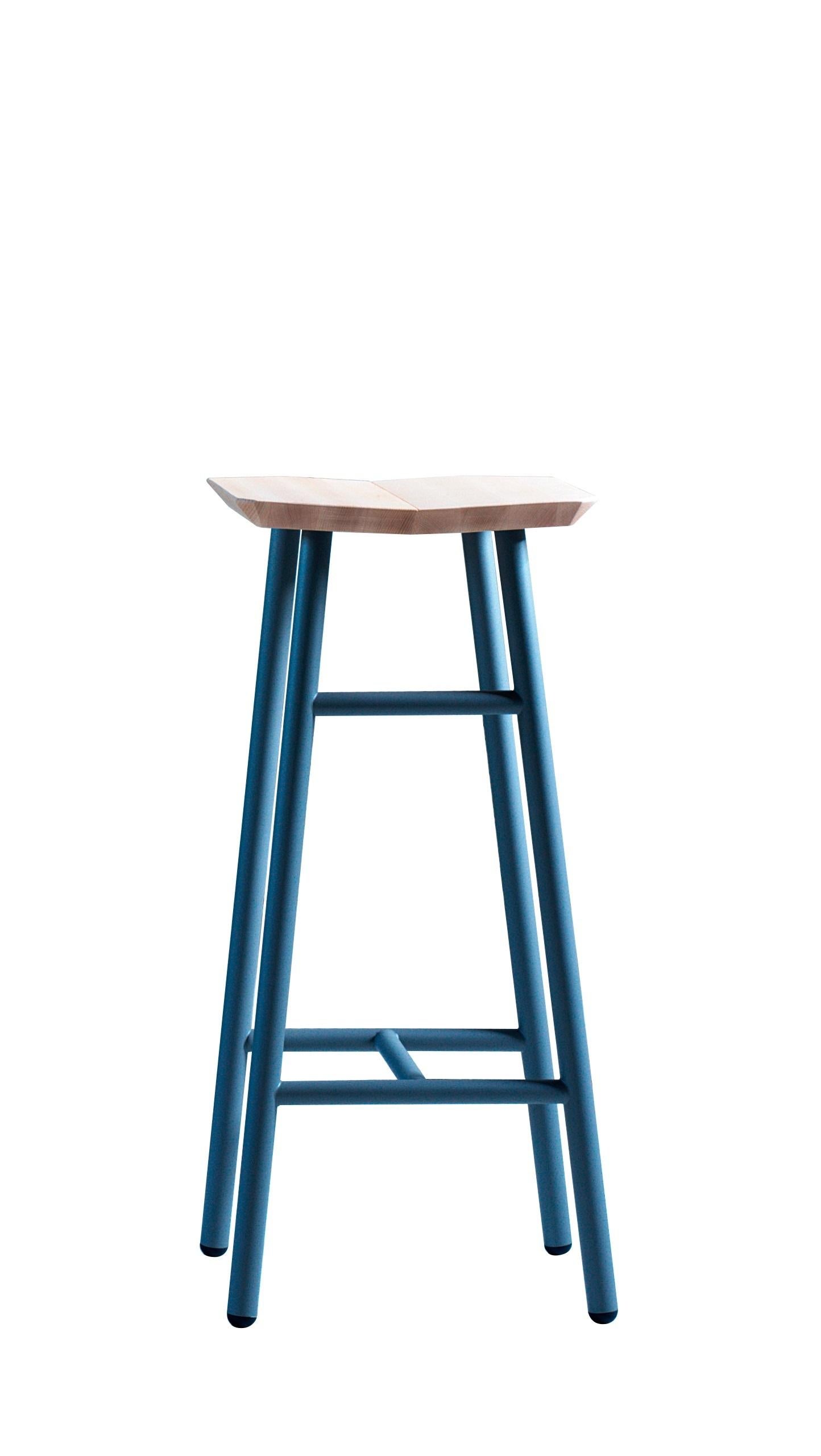 For Sale: Blue (Intense Blue Lacquer) Dedo High Stool in Steel Lacquer Legs, Wooden Seat, by Miniforms Lab