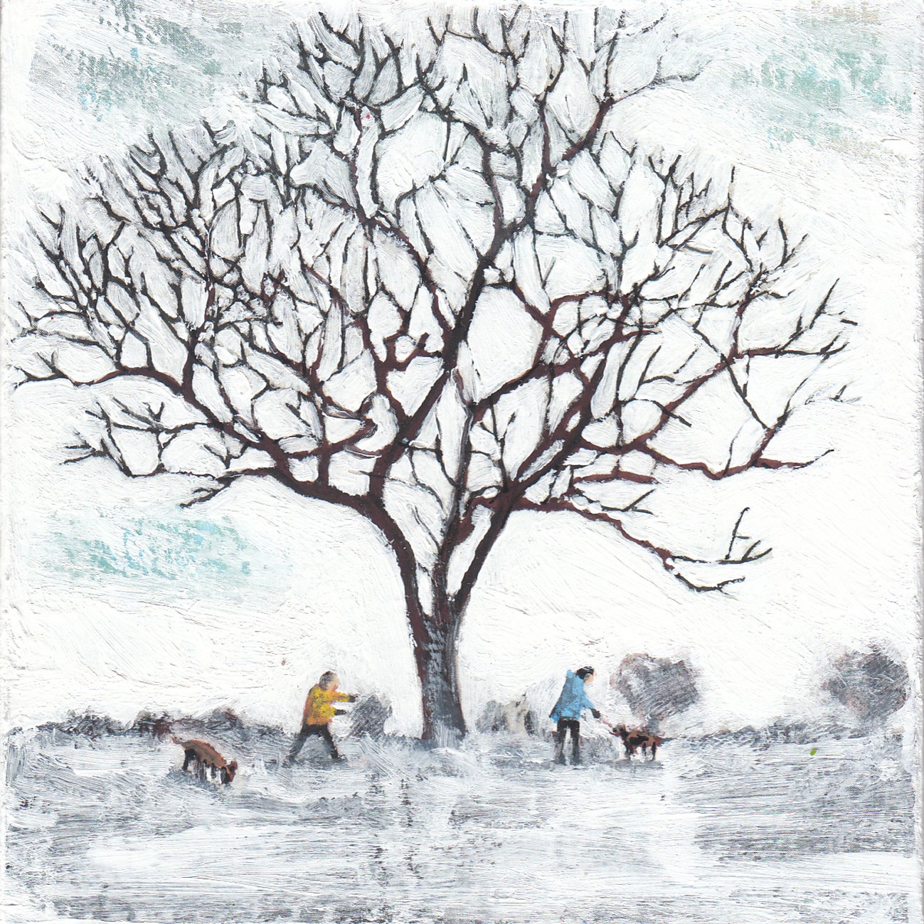 Rime III by Henry Walsh [2021]

Rime III by Henry Walsh is an original acrylic painting on a wooden board that features people at leisure on a wintry walk. Henry Walsh’s work begin with snapshots of busy life and by a process of elimination, he