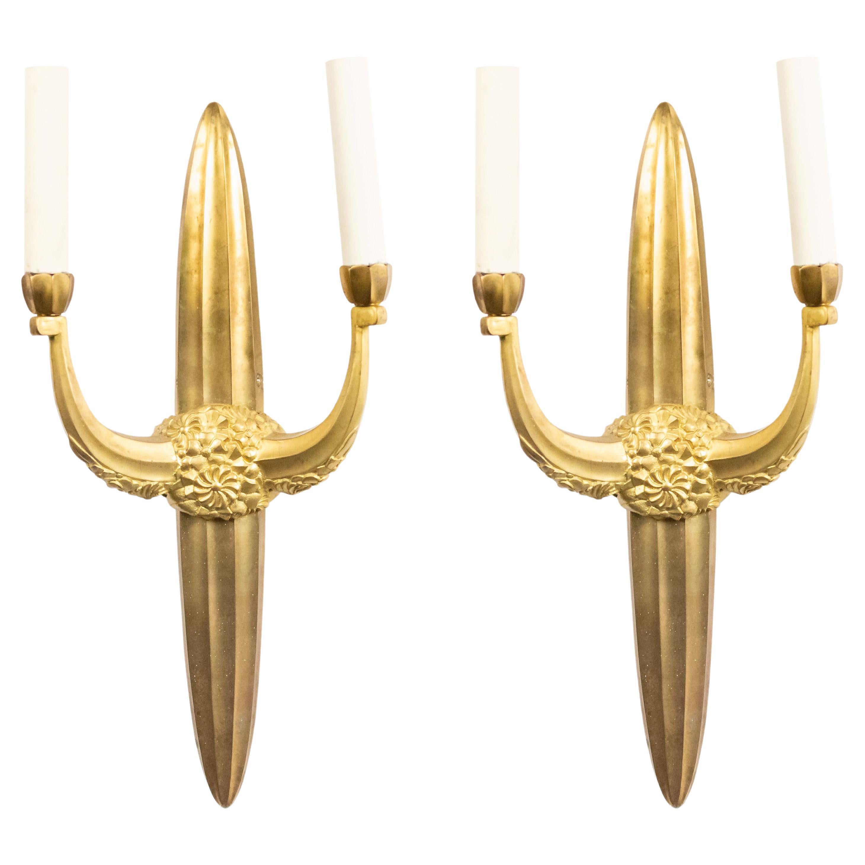 French Art Deco Style Bronze Dore Wall Sconces 'Manner of Sue et Mare' For Sale