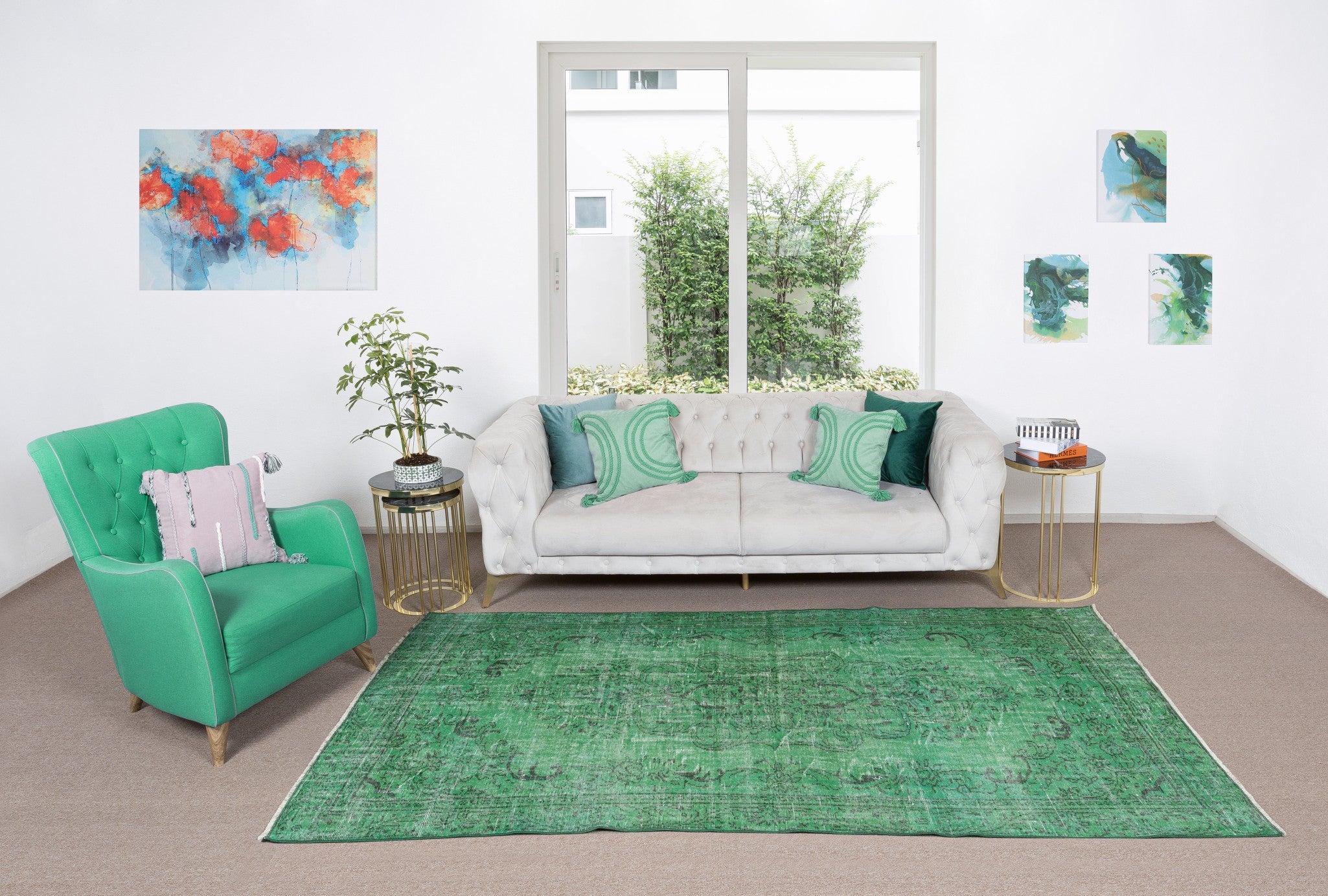 5.5x9.2 Ft Handmade Turkish Rug, Great 4 Modern Interiors. Green Floor Covering For Sale