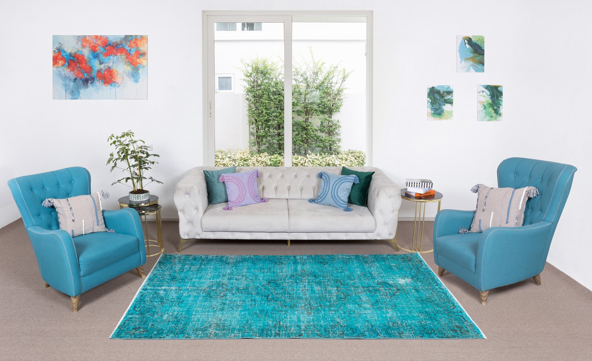 5.5x9 Ft Modern Handmade Area Rug in Teal Blue. Vintage Anatolischer Wollteppich